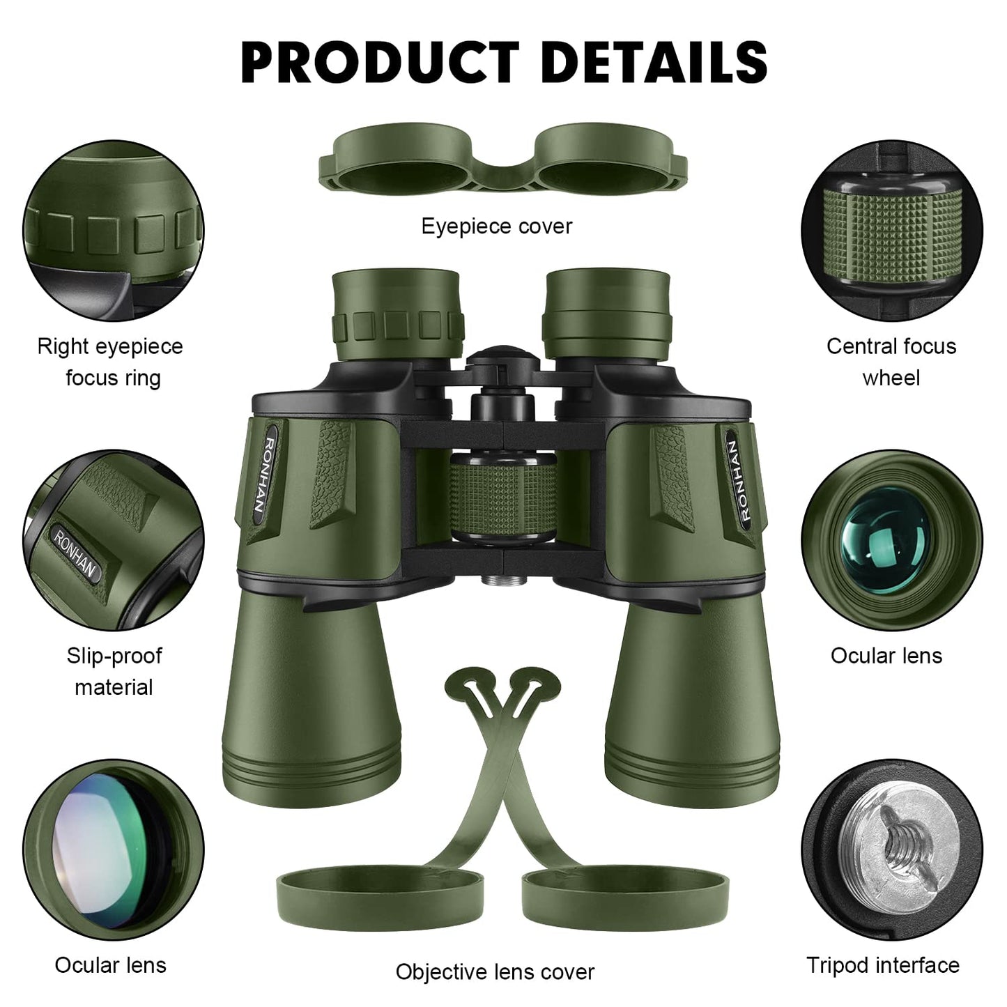 20x50 High Power Military Binoculars, Compact HD Professional/Daily Waterproof Binoculars Telescope for Adults Bird Watching Travel Hunting Football Games with Carrying Case and Strap（Green）