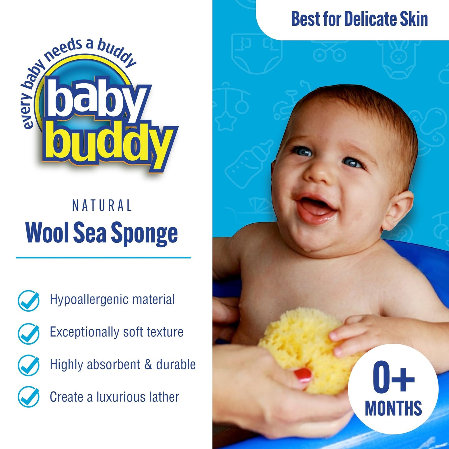 Baby Buddy’s Natural Baby Bath Sponge 2 Pack 4-5” Ultra Soft Premium Sea Wool Sponge Soft on Baby’s Tender Skin, Biodegradable, Hypoallergenic, Absorbent Natural Sea Sponge