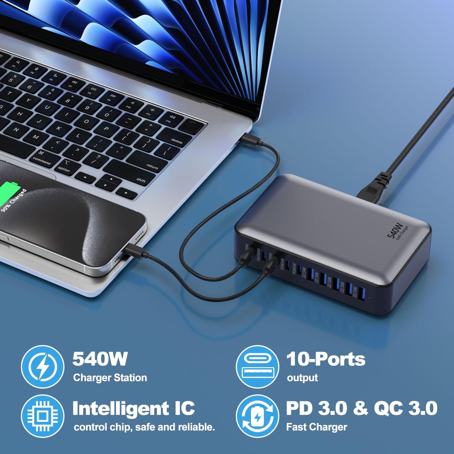 540W USB C Charging Station, 10-Port GaN Charger, 100W PD Fast Charging Hub Charger Adapter Compatible with MacBook Pro/Air,DELL,Steam Deck,iPhone 16 Pro Max/15/14/13,Galaxy