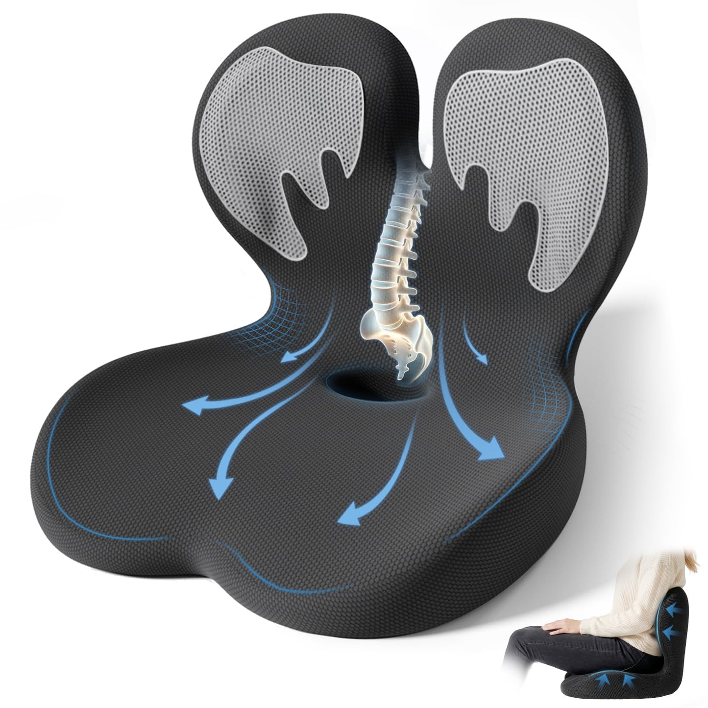 Ergonomic Seat Cushion,Memory Foam Office Chair Cushion with Lumbar Back Support, Design for Sciatica,Tailbone,Back Pain Relief for Office Chair, Car, Truck Driver,Comfort