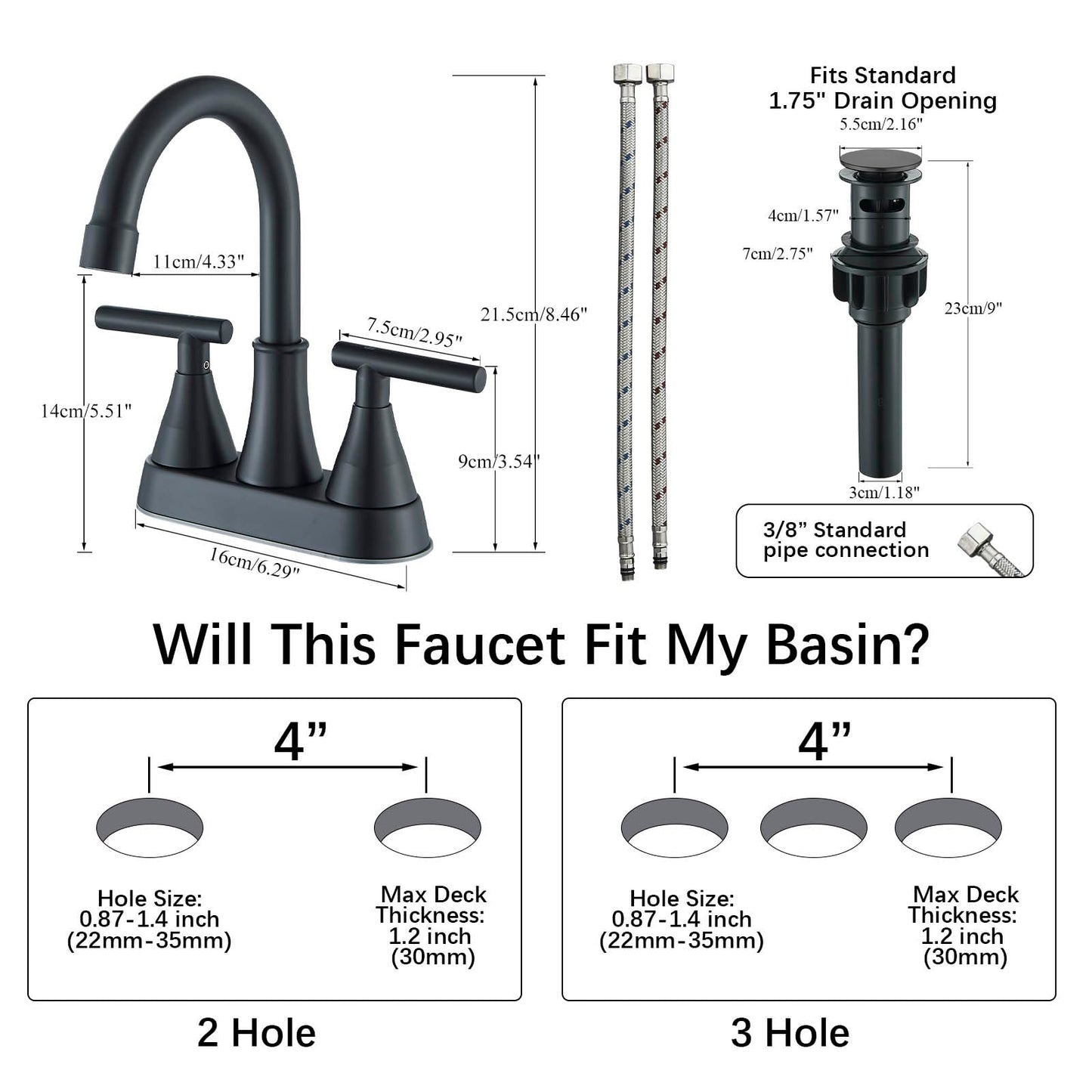 Alenart Matte Black Bathroom Sink Faucet Two Handle Stainless Steel Bathroom Sink Faucet with Pop-up Drain and Supply Hoses, 4 inch Bathroom Faucet for RV Bathroom Vanity washroom Faucet