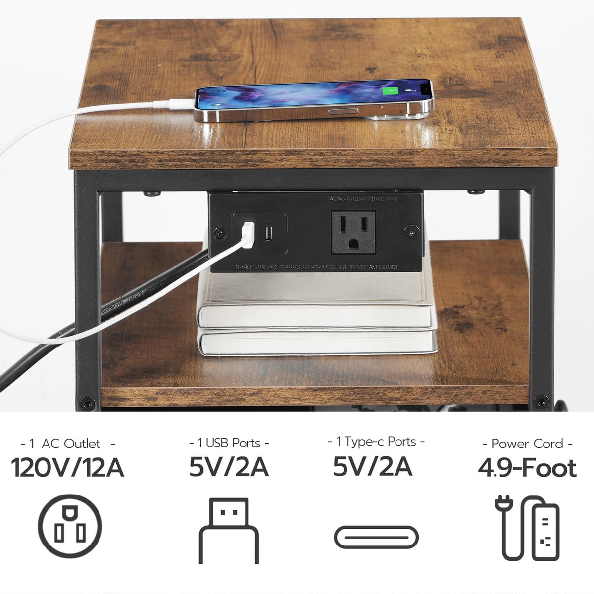 HOOBRO Bedside Table with Charging Station, Narrow Side Table with 3 Non-Woven Fabric Drawers, End Table with Open Storage, Nightstand for Small Spaces, Rustic Brown and Black BF403UBZ01