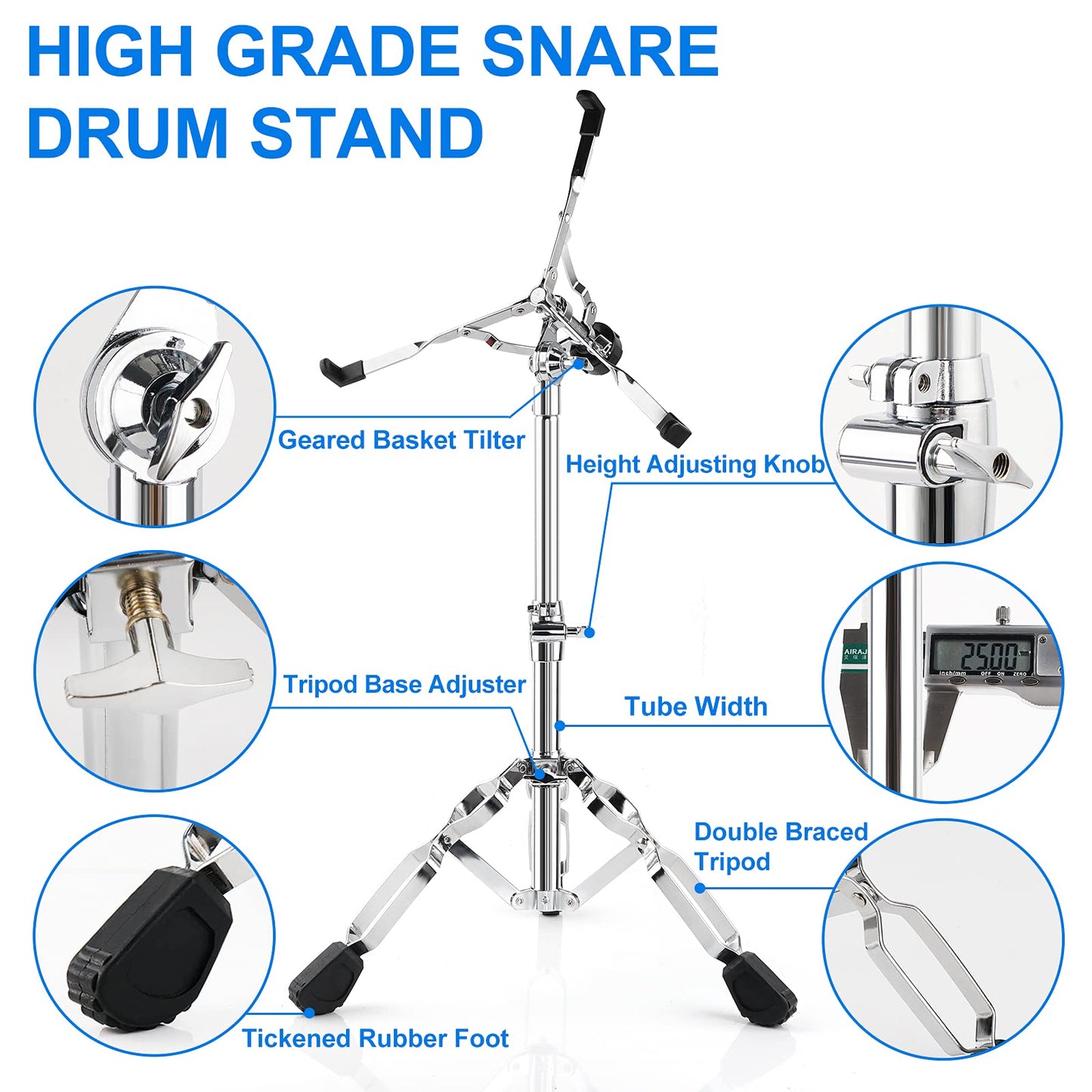 Snare Drum Stand, Lightweight Snare Stand, Double Braced Legs, 2.0 cm Tube with Oxford Cloth Carrying Bag