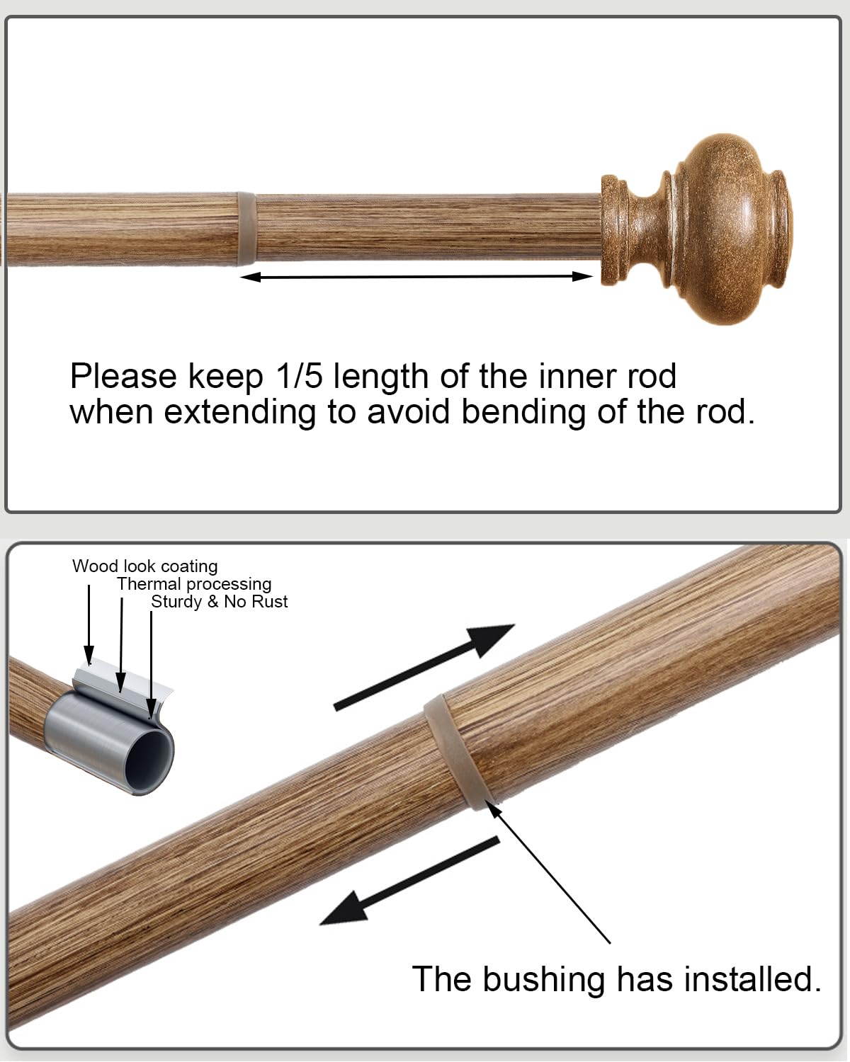 Wood Curtain Rods for Windows 48 to 84 Inch, 1 Inch Adjustable Curtain Rod Heavy Duty Wood Grain Boho Drapery Rods Decorative Farmhouse Rustic Outdoor Curtains Rod