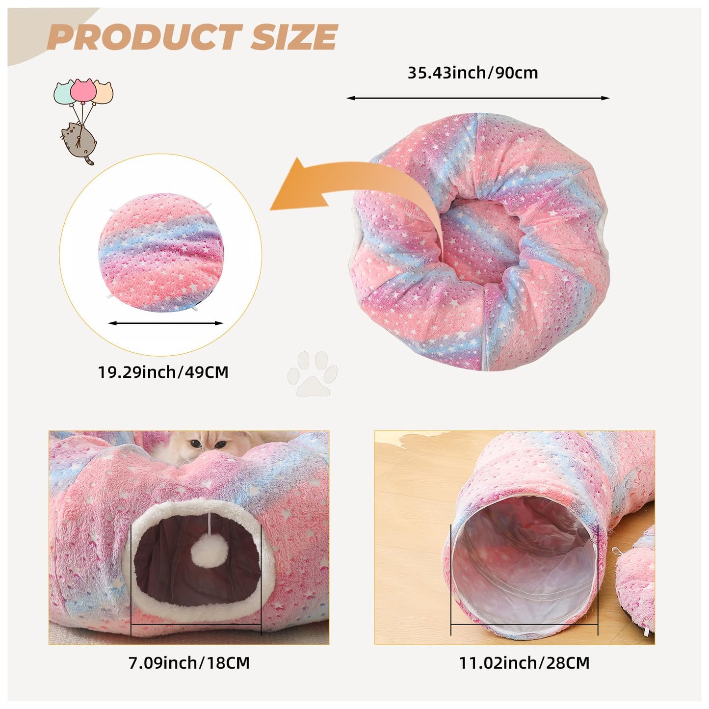 AMYLALA Large Cat Tunnels Bed Tube for Indoor Cats Glows in The Dark Cat Tunnel with Cushion and Plush Ball Toy Longer Playground Toys for Dog Puppy Kitten Rabbit Bunnies Ferret Pet Rainbow
