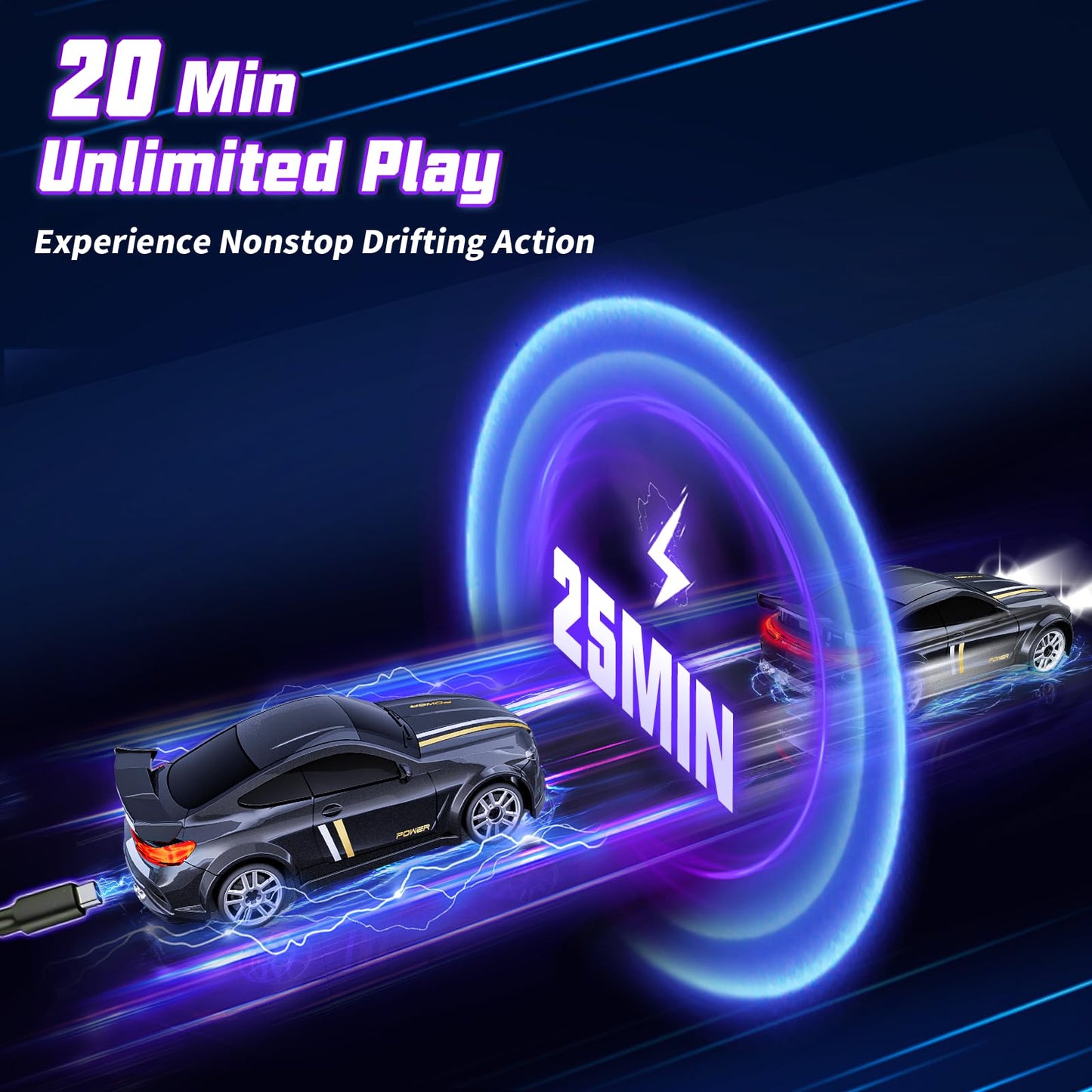 Mini RC Drift Car 1:64 Scale, Remote Control Car with LED Lights & 2-Speed Modes, 2.4GHz Stunt Drifting RC Toys with 4 Obstacles & Track Mat, Hobby Gift for Kids & Adults, Black