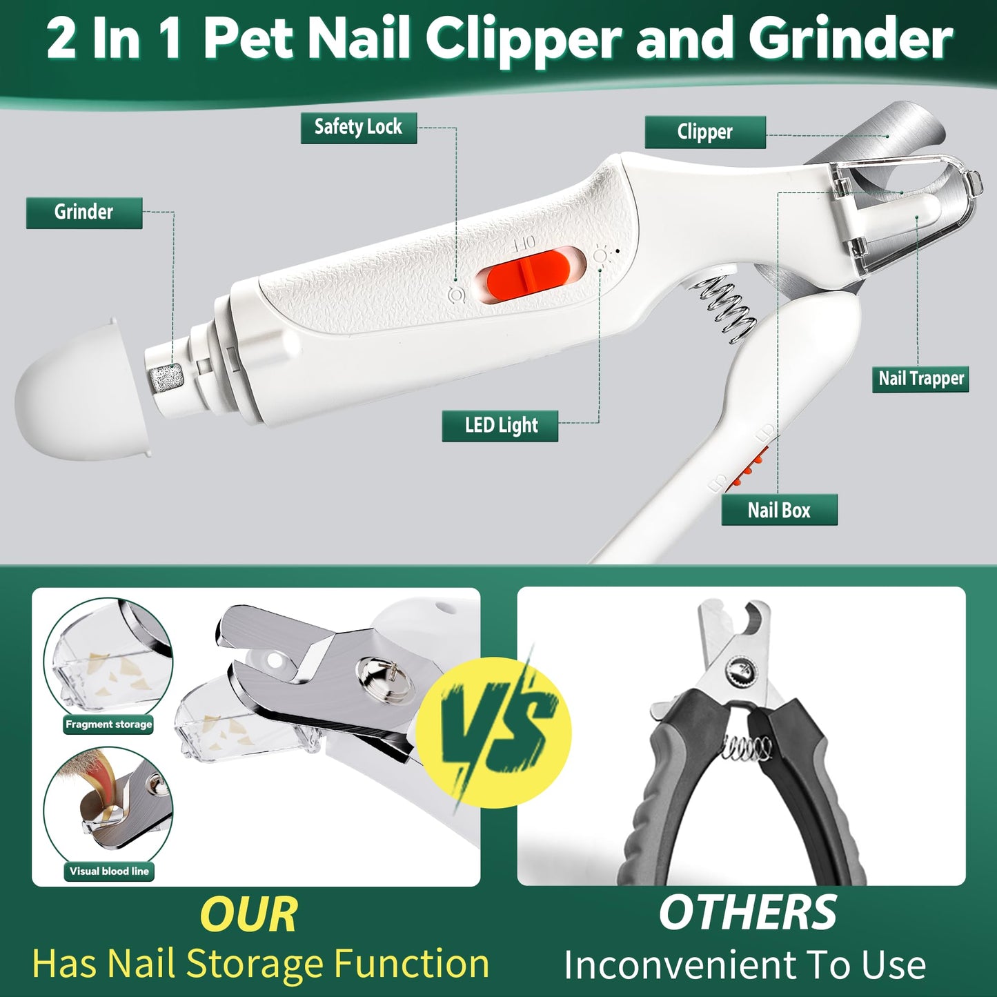 CATPICK 2-in-1 Cat Nail Clippers & Dog Nail Clippers Trimmers for Large Medium Small Dogs Cats Claw Trimmer Quick Sensor and Safety Guard USB Rechargeable with 2 LED Lights Dogs Nail Trimmer