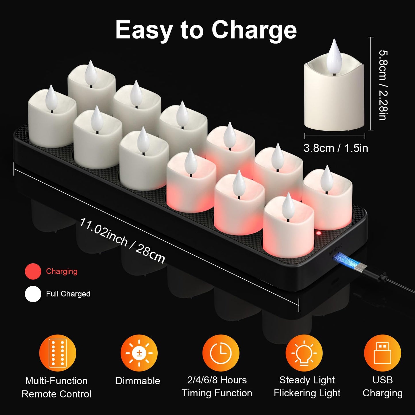 PChero Flameless Candles with Remote Timer & Charging Base, 12pcs USB Rechargeable Battery LED Tea Lights Small Votive Candles for Weddings Lantern Christmas Home Room Decor