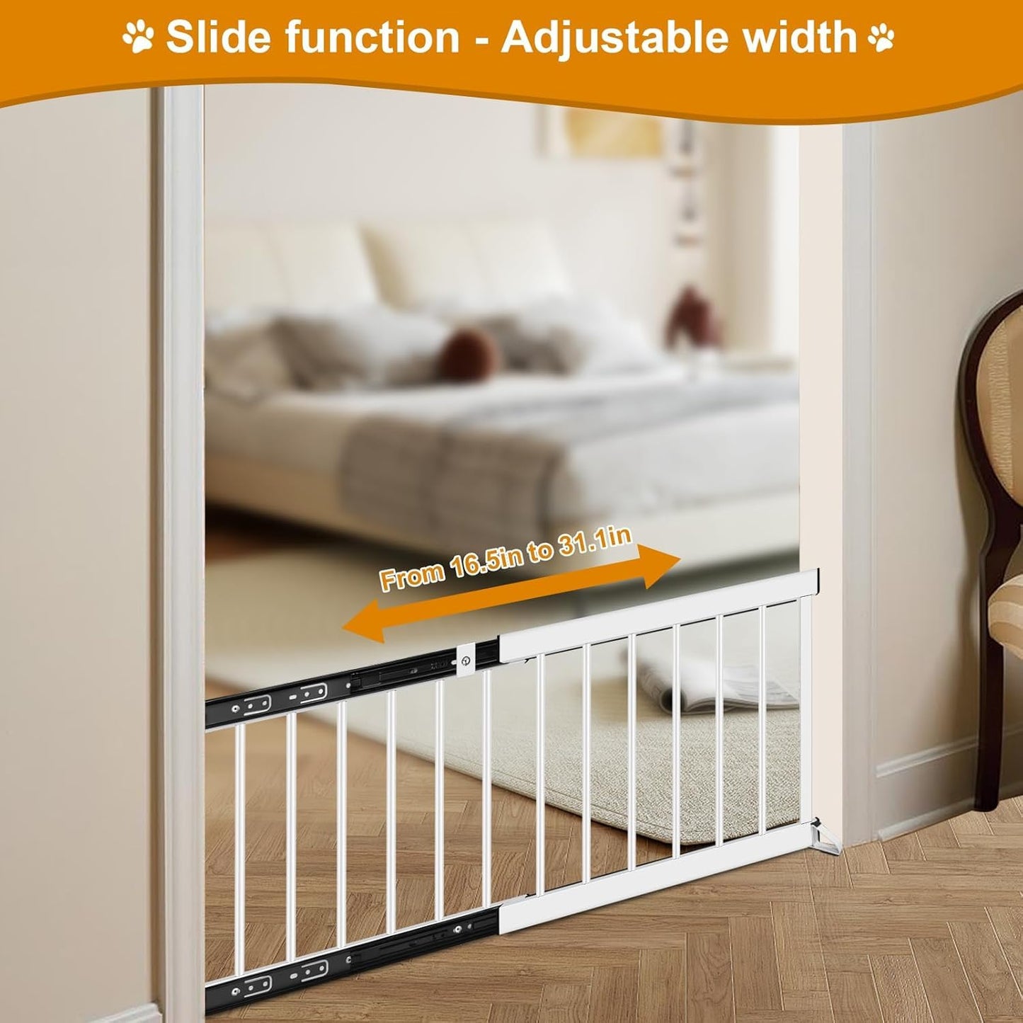 White Metal Dog Gate for Small Dogs - 13.3" Short Freestanding Puppy Gate with Retractable Sliding Rail, No Installation, Indoor/Outdoor Use, Foldable & Portable Pet Barrier