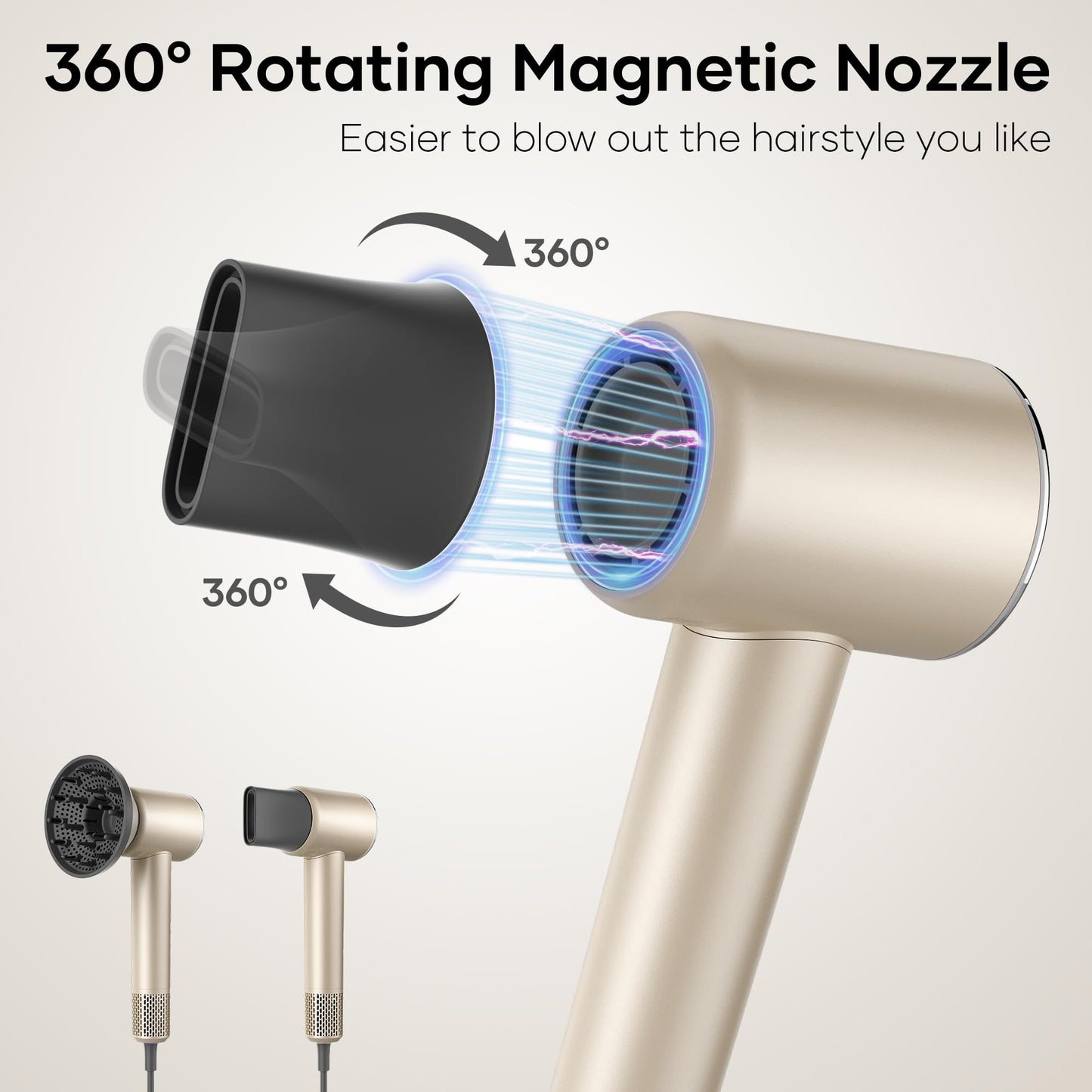 Professional Hair Dryer, 200 Million Negative Ionic Blow Dryer with 110000 RPM Motor, 1500W High-Speed HairDryer with Magnetic Nozzle & Diffuser for Salon, Home, Travel, Perfect for Gifts Golden