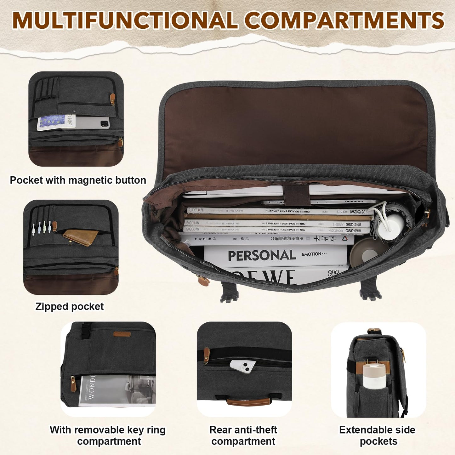 RAINSMORE Messenger Bag for Men 17-17.3 Inch Laptop Bag Canvas Briefcase Satchel Large Computer Shoulder Bag Men's Work Business Office Bag with Padded Compartment,Black