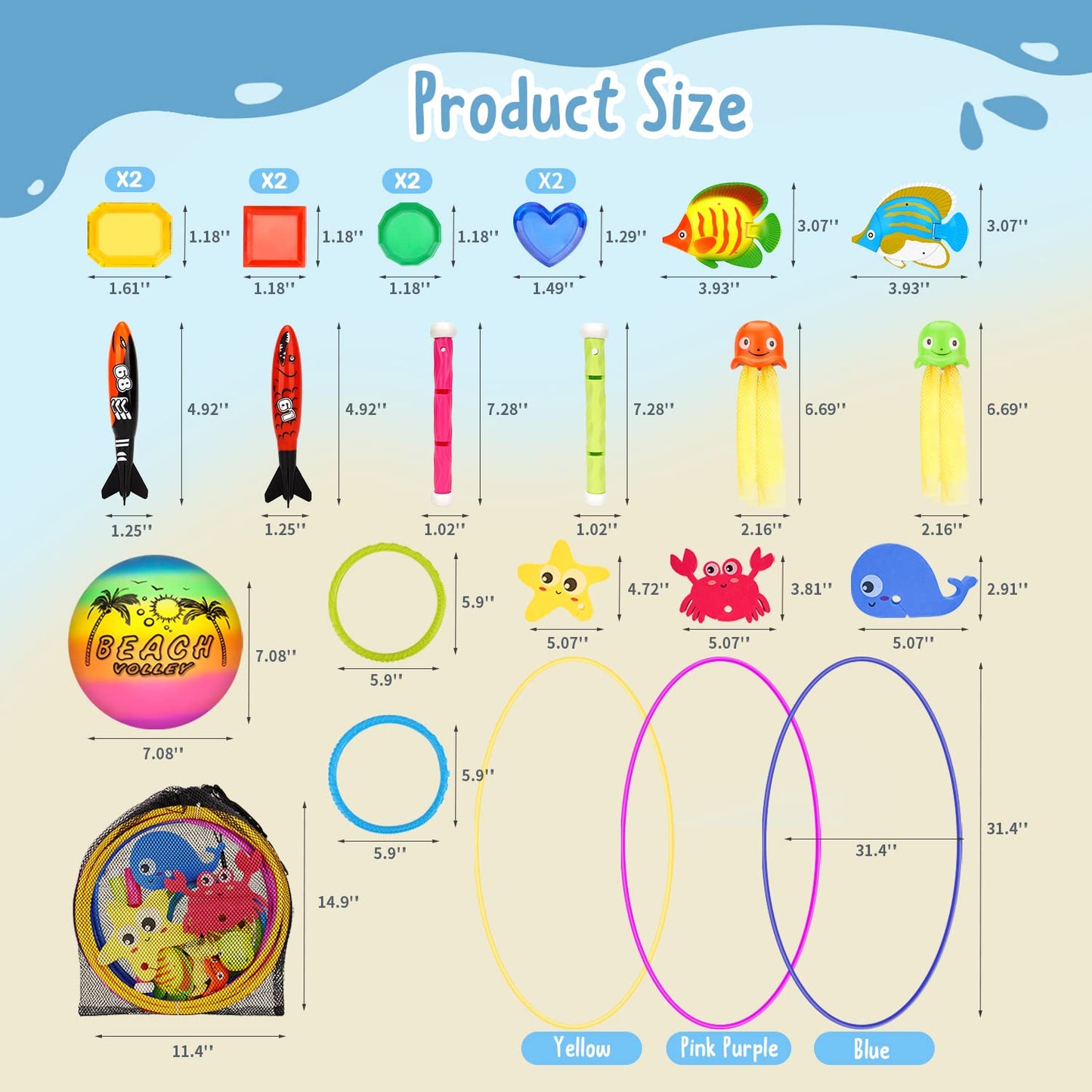 DAUXONE Diving Toys,27 Pcs Pool Toys with Diving Swim Thru Rings for Kids Age 3-12,Dive Sticks,Diving Rings,Diving Gem,Diving Octopus,Pool Torpedo Mesh Bag Include