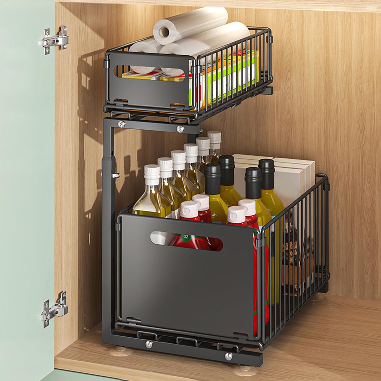 Under Sink Organizers and Storage,GAOKASE Black Metal 2 Tier Pull Out Drawers Under the Sink Organizers for Kitchen Slide Out Sliding Under Cabinet Storage Multi-Use for Bathroom Organizer
