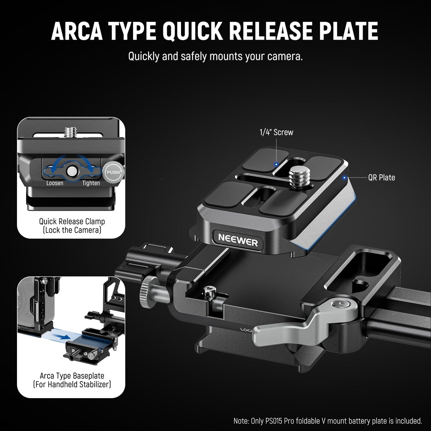 NEEWER Foldable V Mount Battery Plate with Arca Type Quick Release Camera Baseplate, Lightweight DSLR Camera Video Rig Compatible with SmallRig V Mount Battery Cage DJI RS4 RS3 Gimbal, PS015 PRO