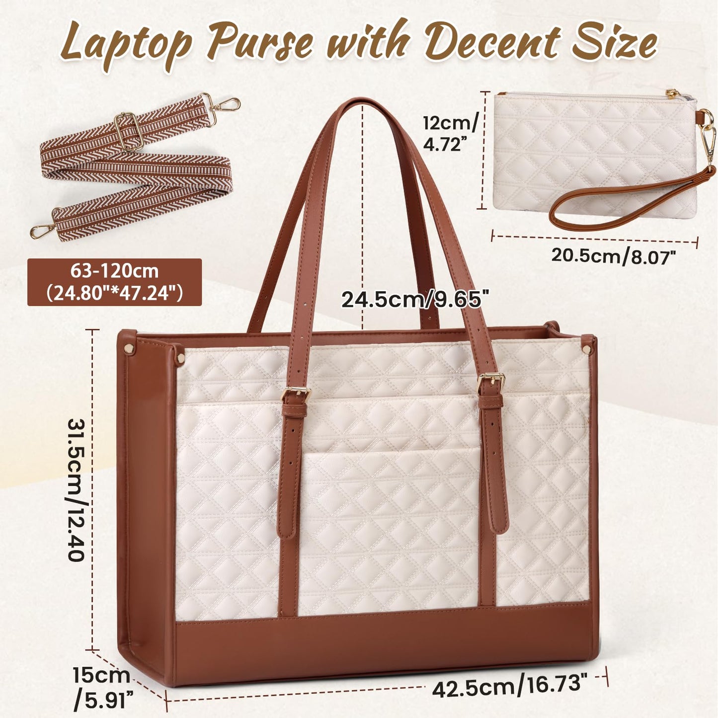 IGOLUMON Laptop Bags for Women Vegan Leather Laptop Bag 15.6 Inch Quilted Work Tote Bag Womens Laptop Briefcase for Business Travel Office Teacher Designer Computer Bag with Purse Beige & Brown