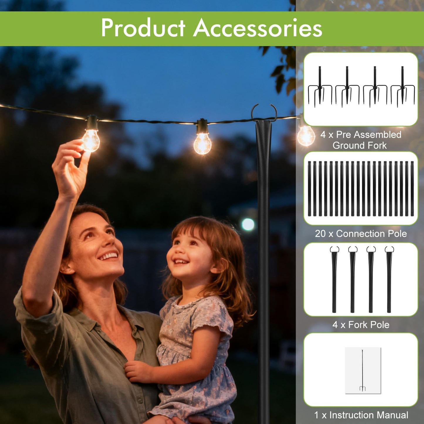 4 Pack 10FT String Light Poles, Heavy Duty Metal Light Poles for Outdoors, Adjustable Lighting Stand with Fork for Patio, Backyard, Garden, Deck, Party, Wedding, Christmas Decorations
