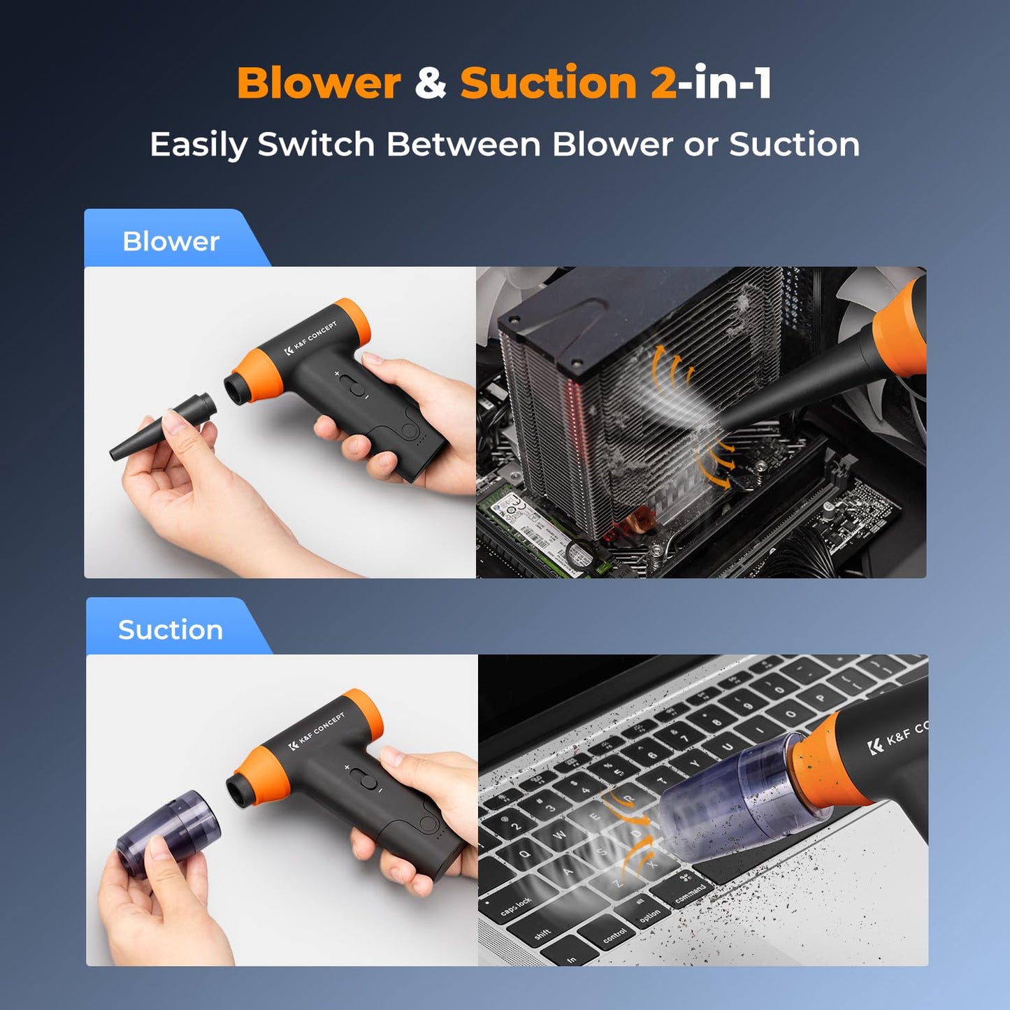 K&F CONCEPT 2-in-1 Compressed Air Duster with LED Light, 150000RPM Air Blower with Vacuum Cleaner, Speed Adjustable Rechargeable Compressed Air for PC Laptop Computers Keyboard Car Outdoors