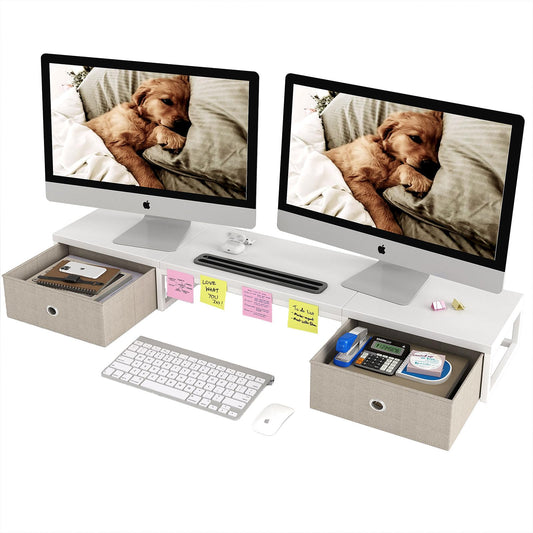 Mexin Dual Monitor Stand Riser with 2 Drawers, 39 Inch Extra Long Wood Desk Organizer, Desktop Riser for Laptop, Printer, Computer, TV, Perfect for Home Office, White