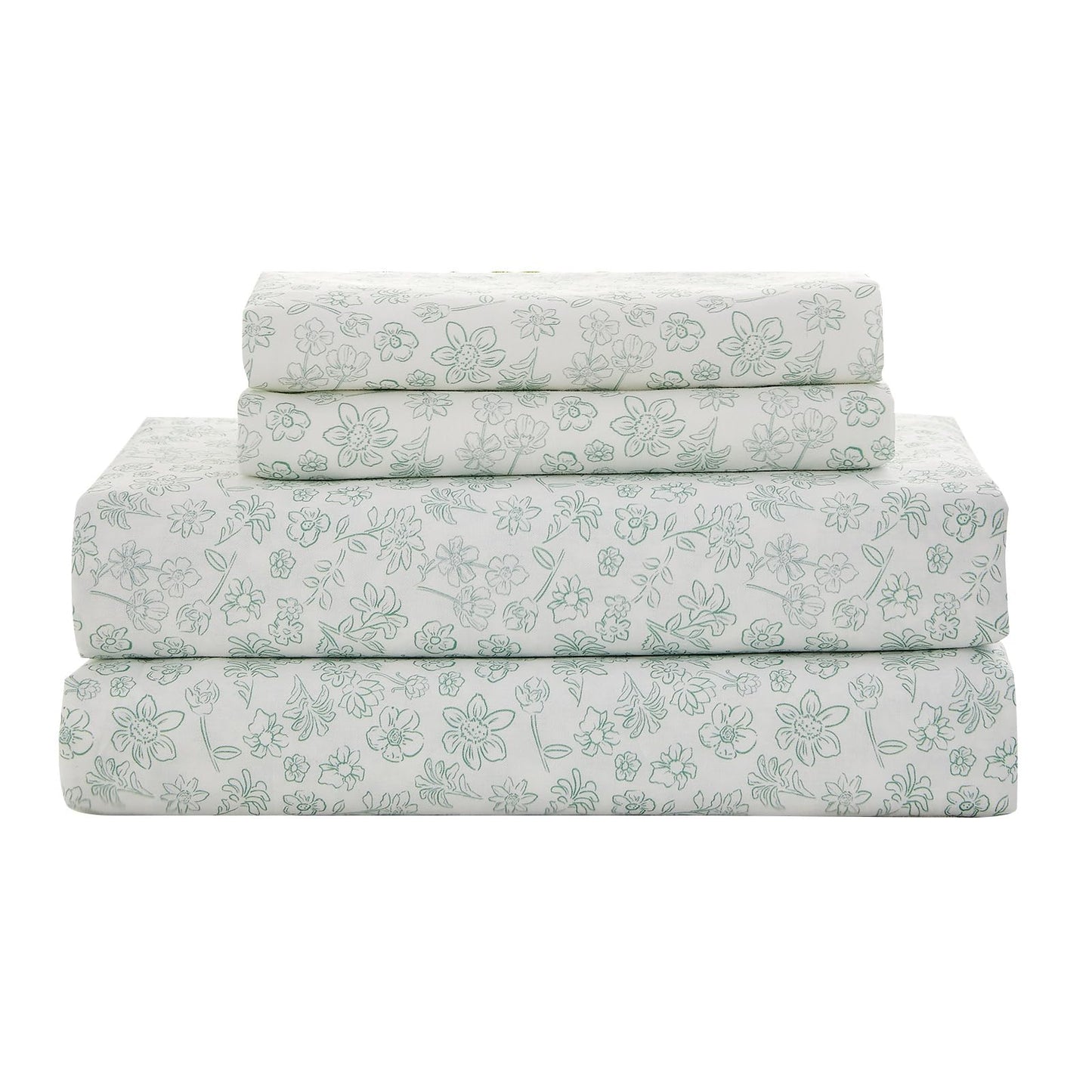 Gogreen 100% Cotton Sheet Set Queen Size, Light Geen Floral, 4PC Set, Breathable Bed Sheet for Hot Sleeper and Night Sweats, Deep Pocket Up to 16 Inches