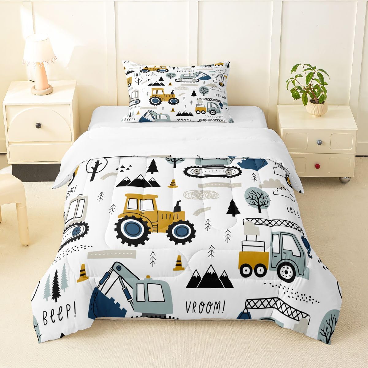 Cartoon Car Kids Comforter Set Construction Bedding Set Decor Equipment Trucks Comforter Cartoon Car Excavator Tractor White Yellow Duvet Set Bedroom Quilt Set 2Pcs Twin