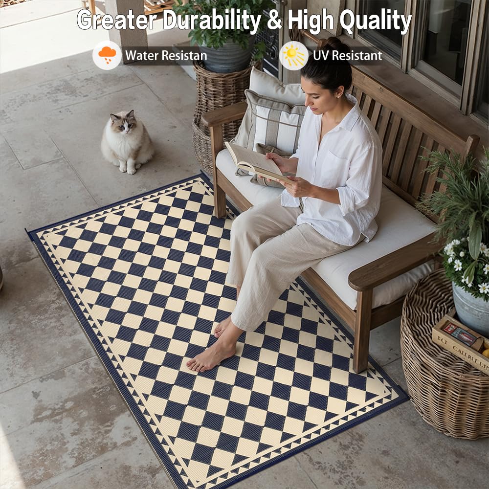 PureCozy Outdoor Carpet 5x8 Patio Waterproof Non Slip Outdoor Rugs Reversible Plastic Straw Portable Boho Checkered Tapis Mat for RV Deck Camping Entryance Porch Picnic Balcony Beach