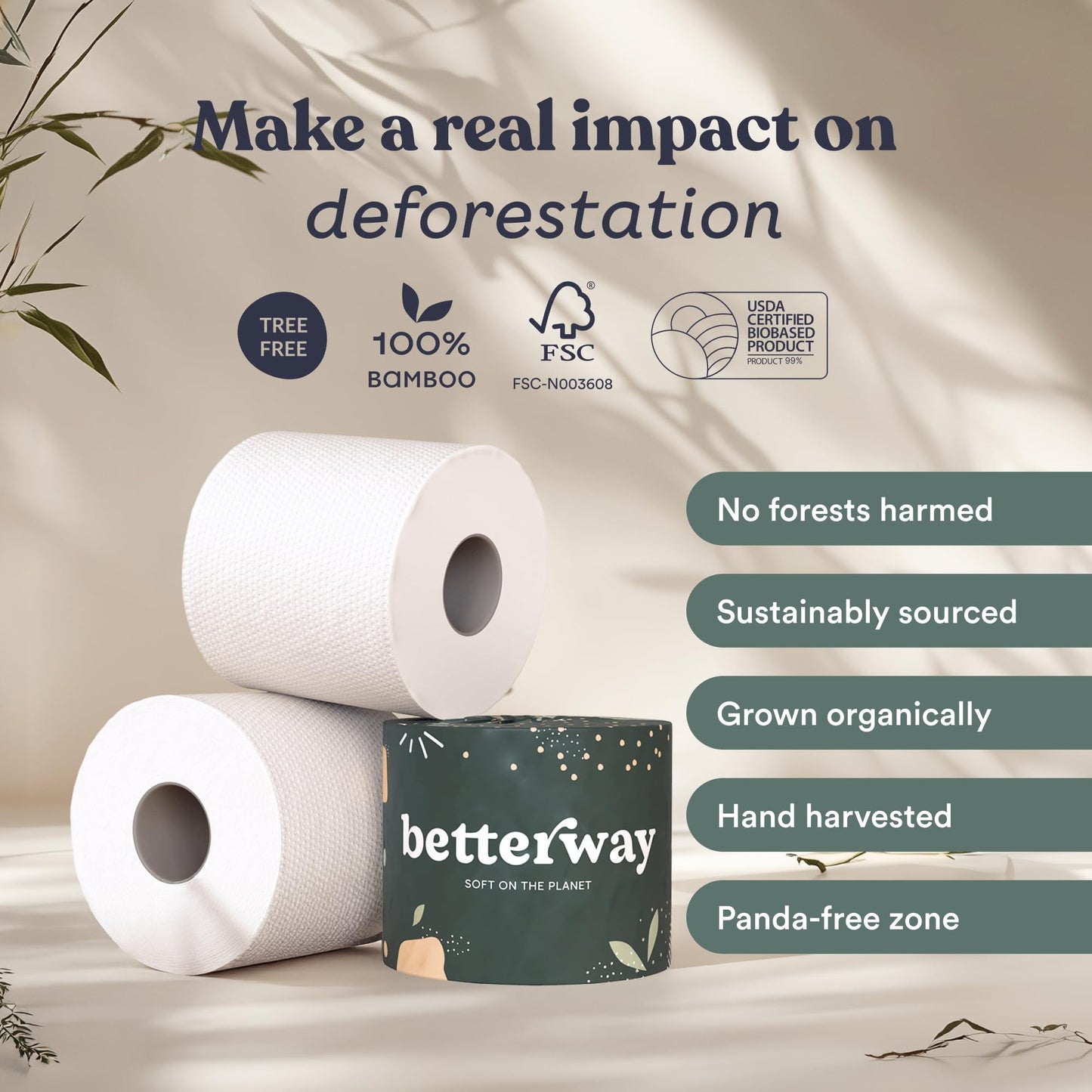 Betterway Bamboo Toilet Paper 3 PLY - Eco Friendly, Sustainable Toilet Tissue - 12 Double Rolls & 360 Sheets Per Roll - Septic Safe - Organic, Plastic Free, Compostable & Biodegradable - FSC Certified