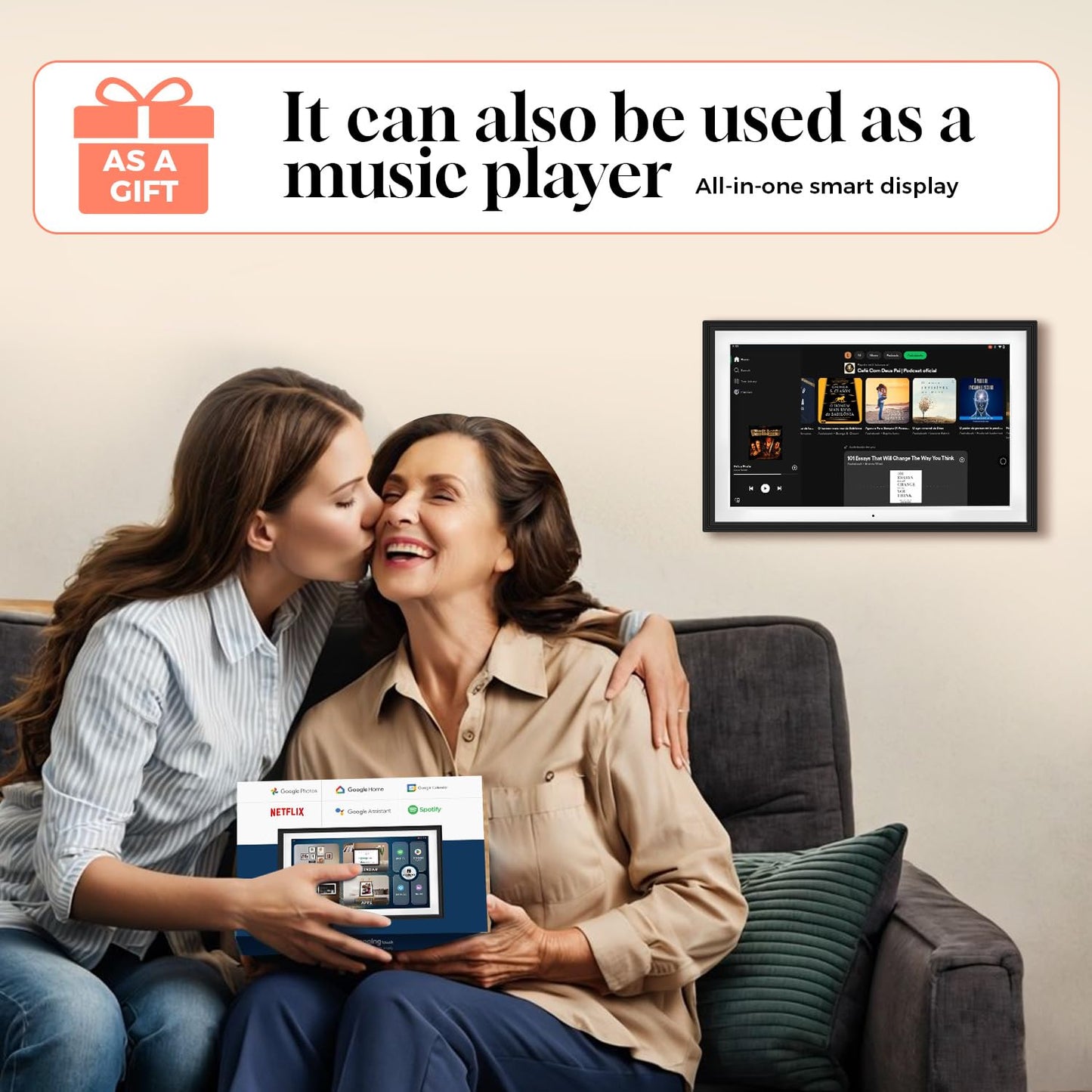 10.1" Digital Google Calendar:Chore Chart and Planner for Family Schedules|Picture Frame with Anti-Glare Touchscreen|Wall-Mount or Desktop|Google Voice Assistant,Home Hub,App Store|Li-Battery&Speakers