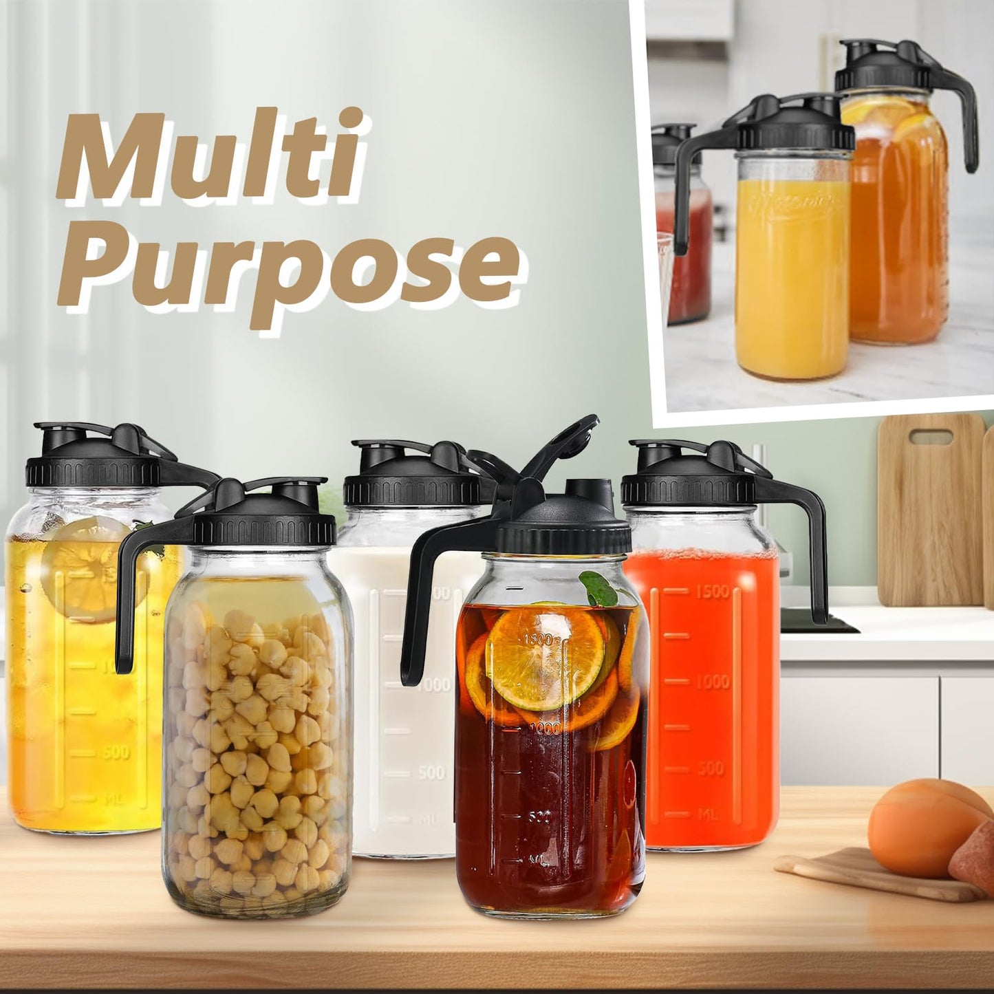 Wexlerey Glass Pitcher with Lid 2 Pack,Leak Proof Glass Mason Jar Pitcher with Lid & Spout Sun Tea Pitcher Wide Mouth for Ice Tea, Juices,Cold Brew Coffee,Breast Milk(64 oz/2 Liter)