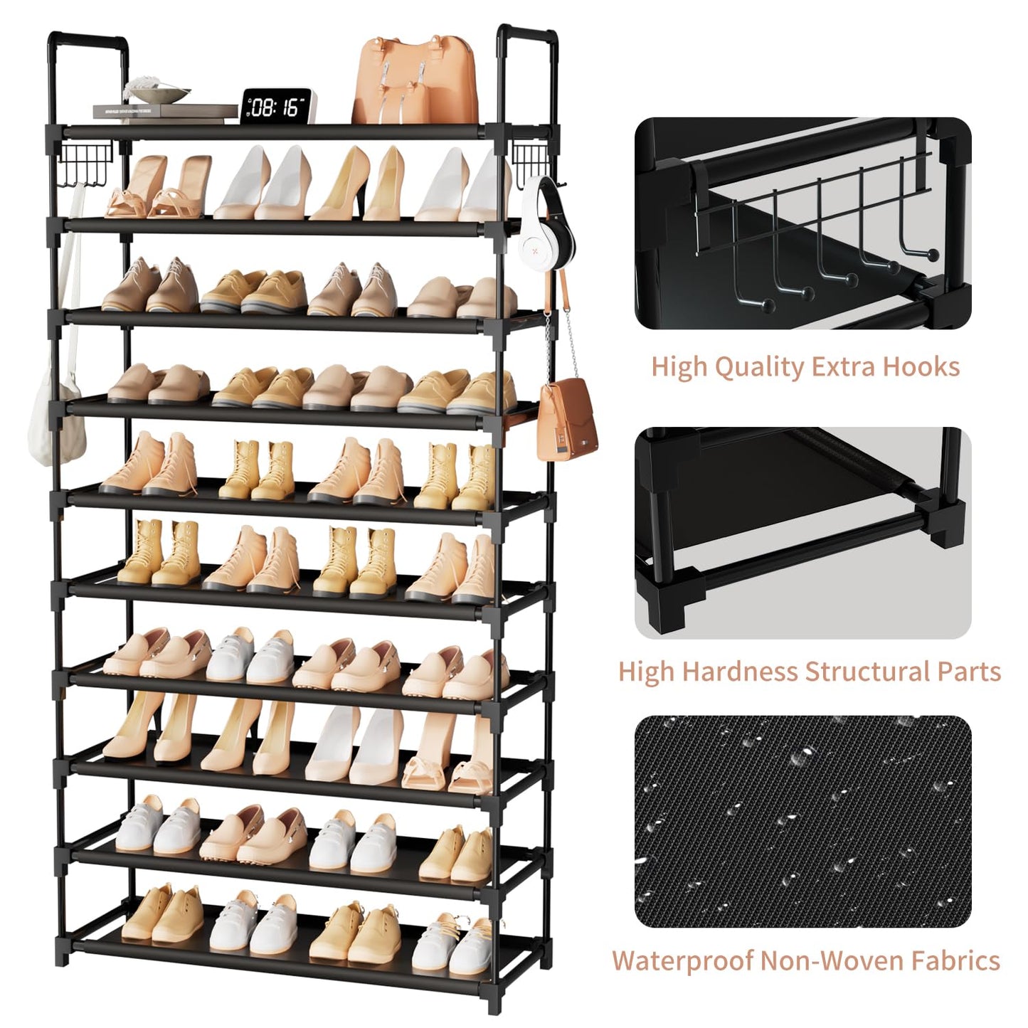 10 Tier Shoe Rack, Large Capacity Tall Shoe Storage Organizer Holds 50-55 Pairs Shoes and Boots, Vertical Shoe Shelf Cabinet with Versatile Hooks for Closet Entryway Garage Bedroom