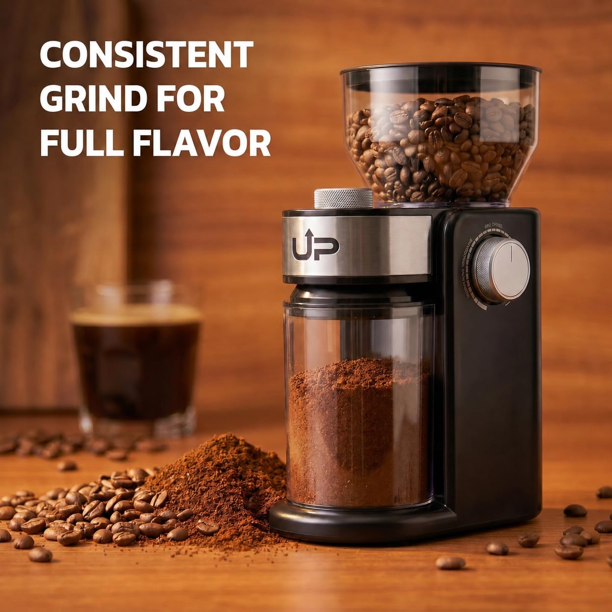 Electric Burr Coffee Grinder, Flat Burr & 16 Precise Grind Settings, Stainless Steel Bean Grinder for Espresso, French Press & Drip, Portion Control, Easy Clean, 2-14 Cup