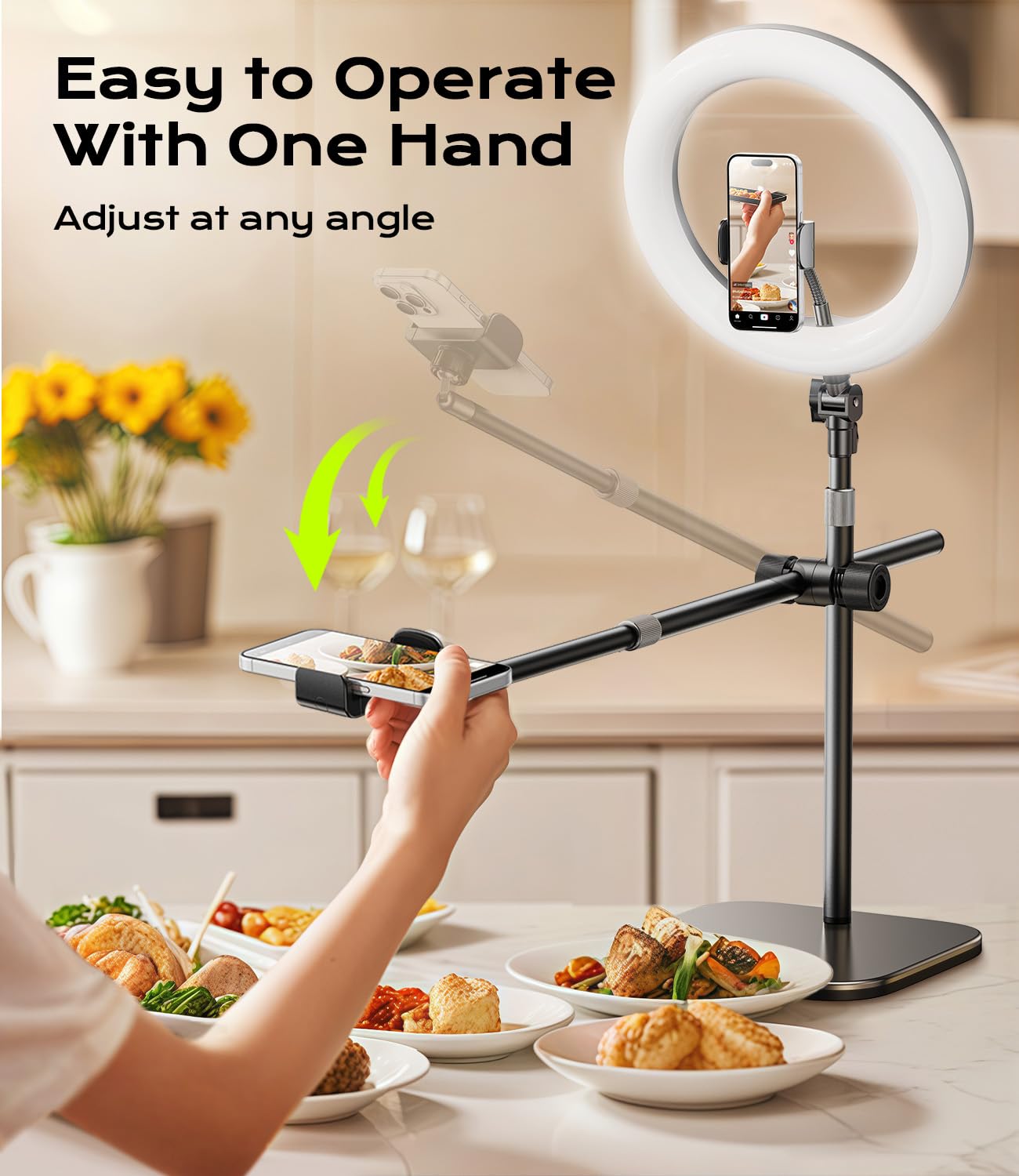 ATKTTOP Overhead Phone Mount, Overhead Camera Stand[Anti-Shaking] with 10.5" Ring Light, Desk Stand for iPhone with Ring Light for Video Recording, Zoom Meeting,YouTube,TikTok (Set 1)