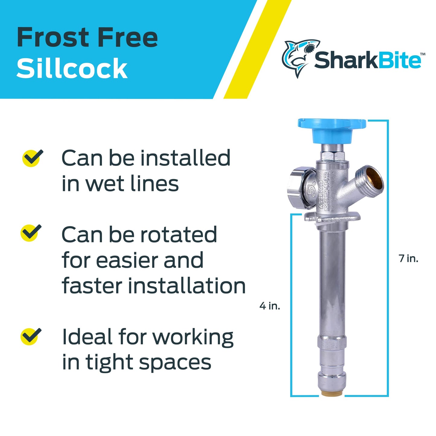 SharkBite 4 Inch Frost Free Sillcock, 1/2 x 3/4 Inch MHT, Push to Connect Brass Plumbing Fitting, PEX Pipe, Copper, CPVC, PE-RT, HDPE, 25743LF