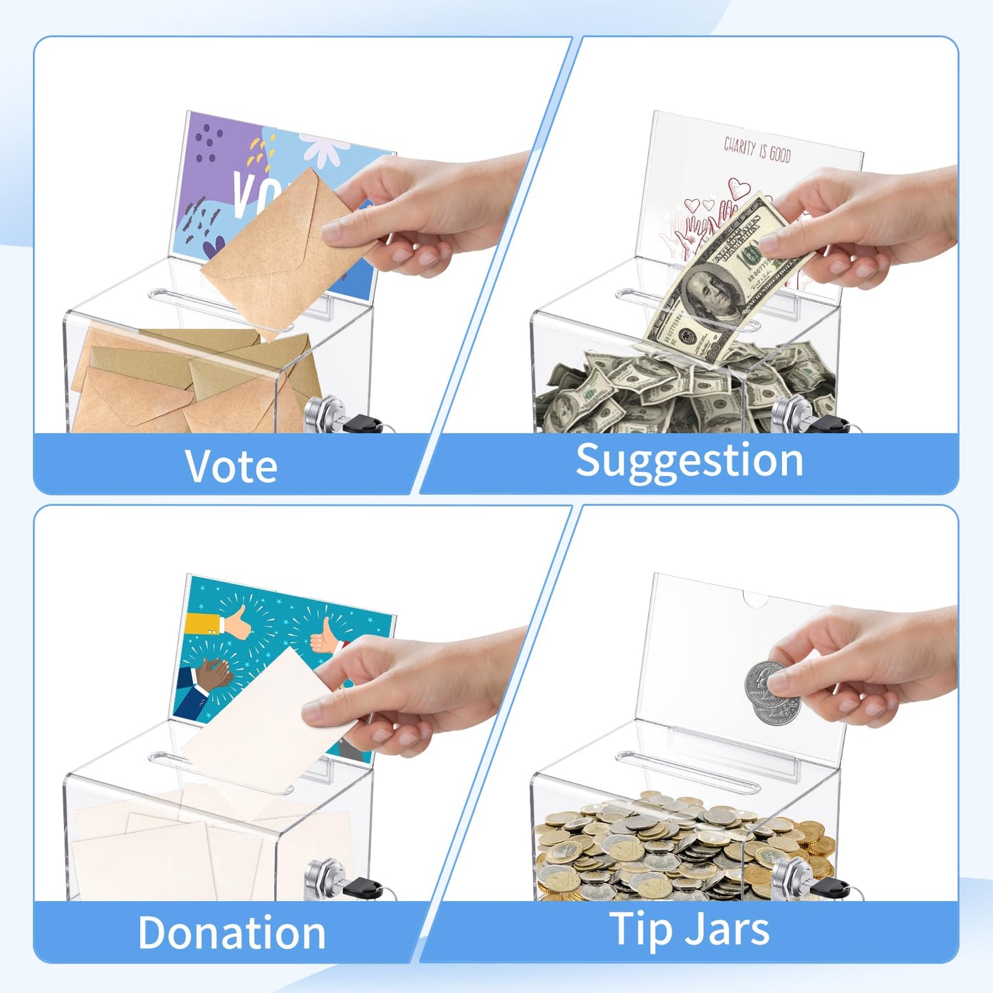 VZZNN 4 Pack Clear Acrylic Donation Containers with Lock and Sign Holder, 6.1 x 4.6 x 3.9 Inch Ballot Box, Raffle Ticket Box, Tip, and Suggestion Collection for Fundraising and Events