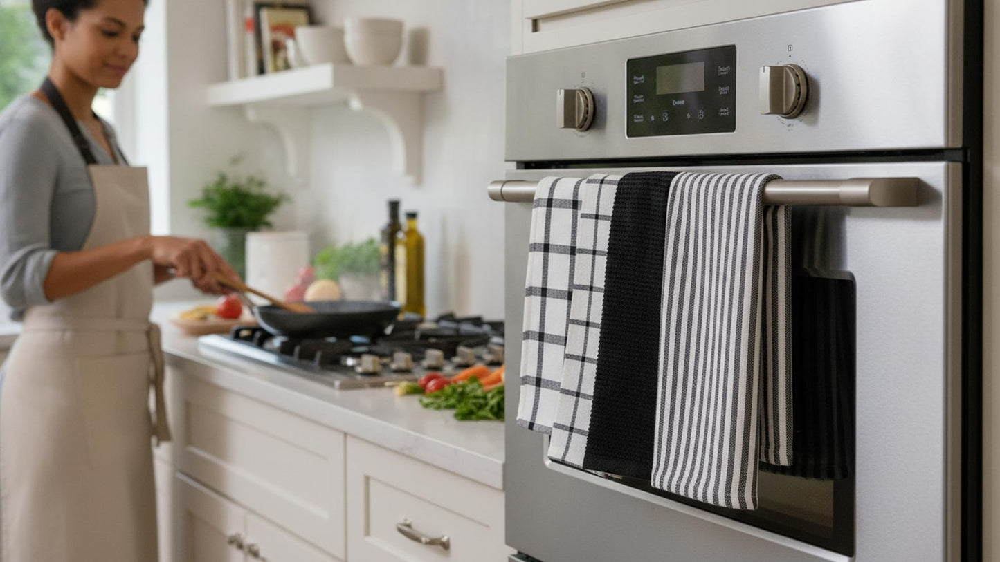 Flat Weave Tea Kitchen Towels - Set of 6 Towels 18 x 28 Inches, 4 Flat Weave Towels For Cooking & Drying Dishes, 2 Tea Towels For Spills & Kitchen Messes (Black)