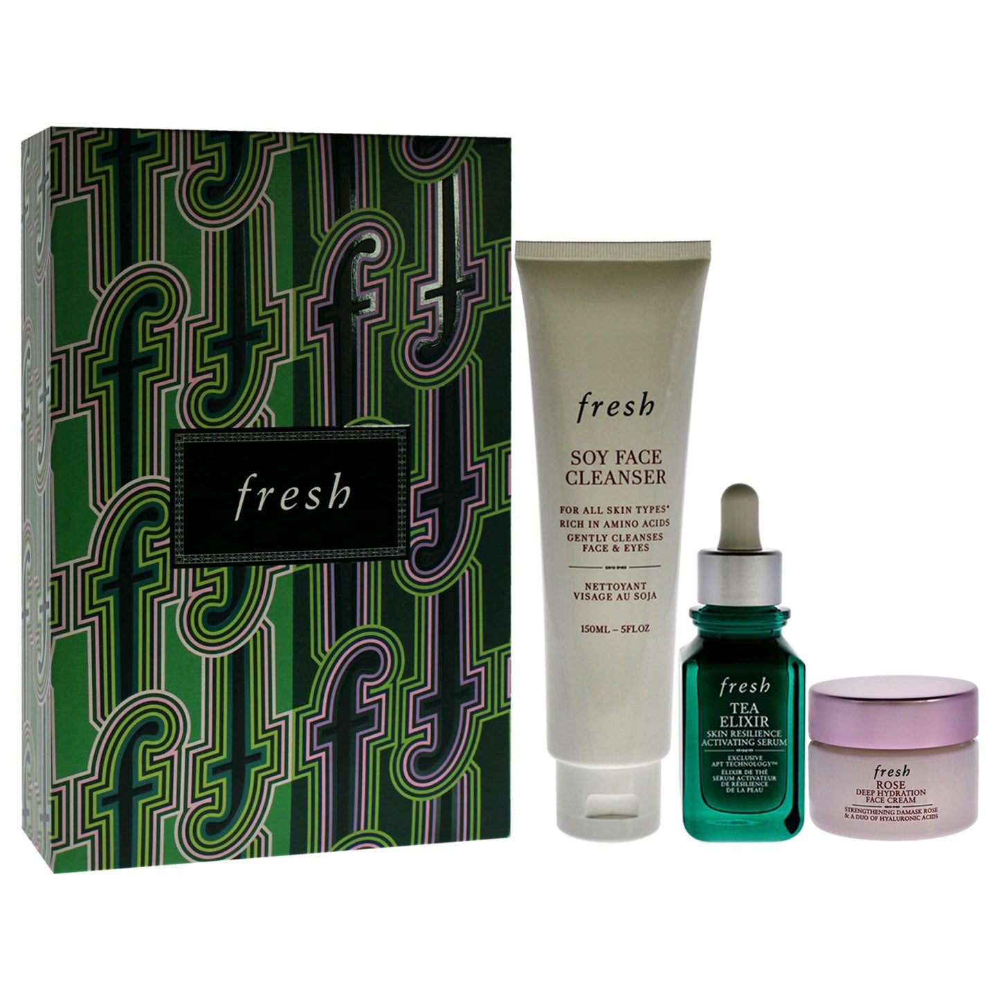 Fresh Resilient Hidrated Skin Trio 5oz Soy Face Cleanser, 1oz Elixir Skin Resilience Activating Serum - Tea, 0.5oz Deep Hidration Face Cream - Rose Women 3 Pc