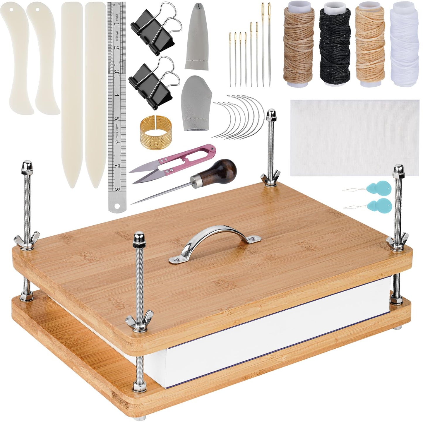 NiHome 35 PCS Book Press Binding Kit for Notebooks, Lesson Plans, Document Organization - Compact Bamboo Bookbinding Tools, Book Binding Supplies with Portable Handle for Beginners DIY