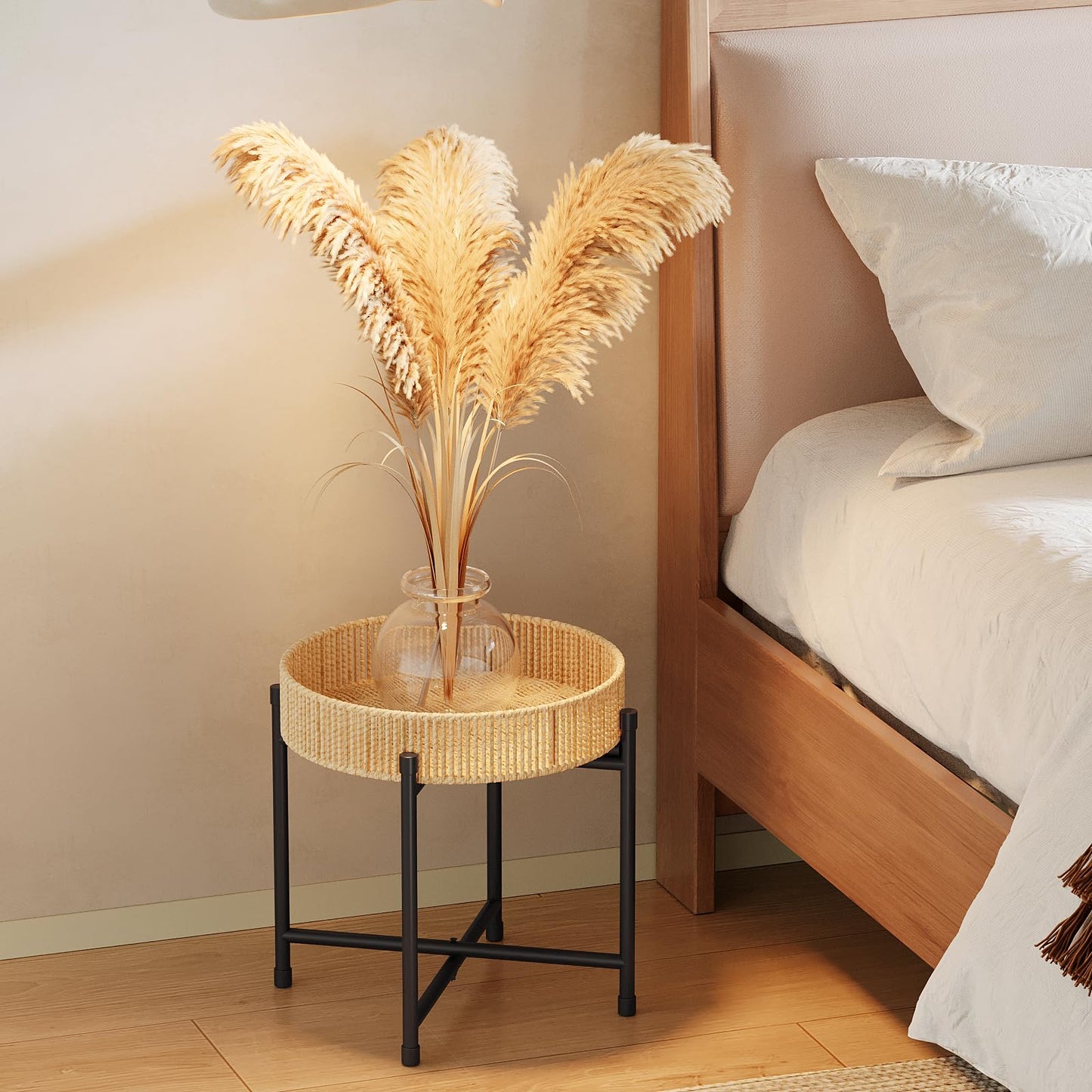 Bamworld Round Plant Stand Rattan Plant Shelf Plant Table Handwoven Rope End Table Coffee Table for for Small Spaces Elegant Flower Holder for Patio Balcony
