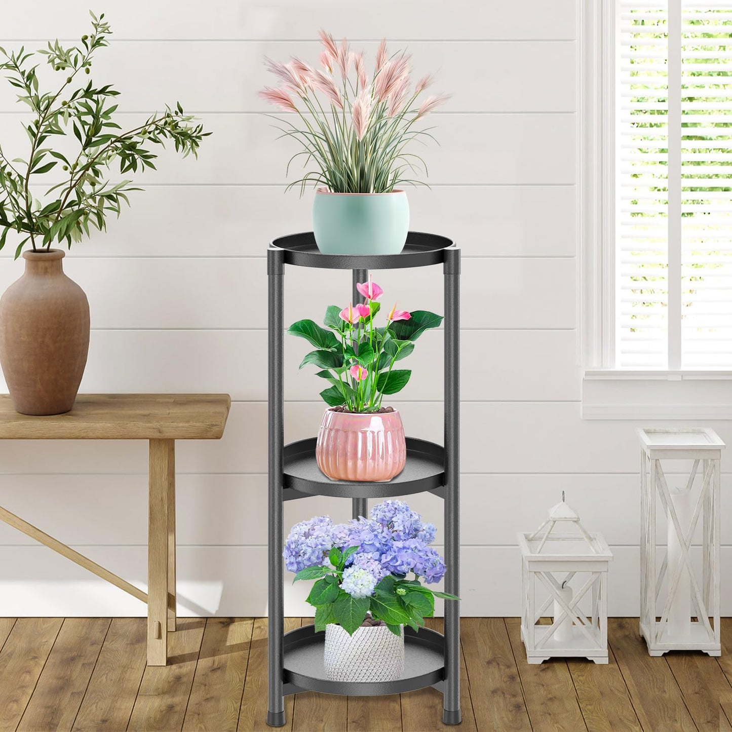 MeyRolizn 3 Tiered Plant Stand Indoor Outdoor, Metal Corner Plant Stand Plant Shelf Tables, Heavy Duty Flower Shelf Display Rack for Indoor Living Balcony Patio Garden Bedroom Classroom, Black (Black-A)