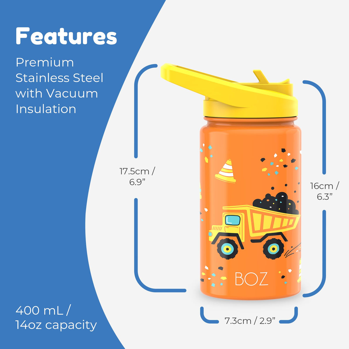 BOZ Kids Insulated Water Bottle with Straw Lid - Two-Pack Bundle, Construction/Safari, Stainless Steel Vacuum Double Wall Water Cup, 14 oz (414ml). Scratch-Resistant and Carry Handle, Dishwasher-Safe