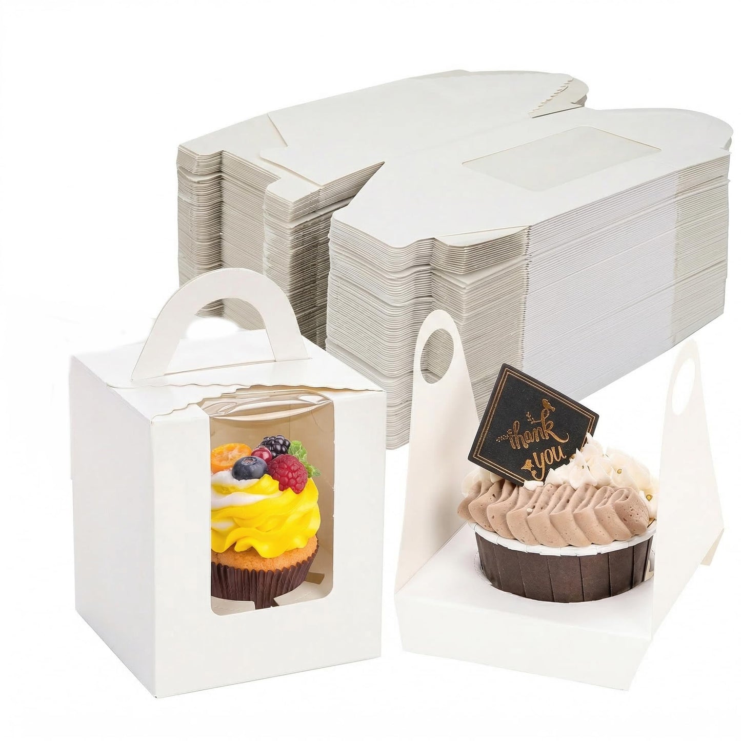 Jucoan 100 Pack White Single Cupcake Boxes, Kraft Paper Individual Cupcake Container with Window Insert Handle, Portable Bakery Containers for Small Cake, Muffins, Birthday Wedding Baby Shower Party