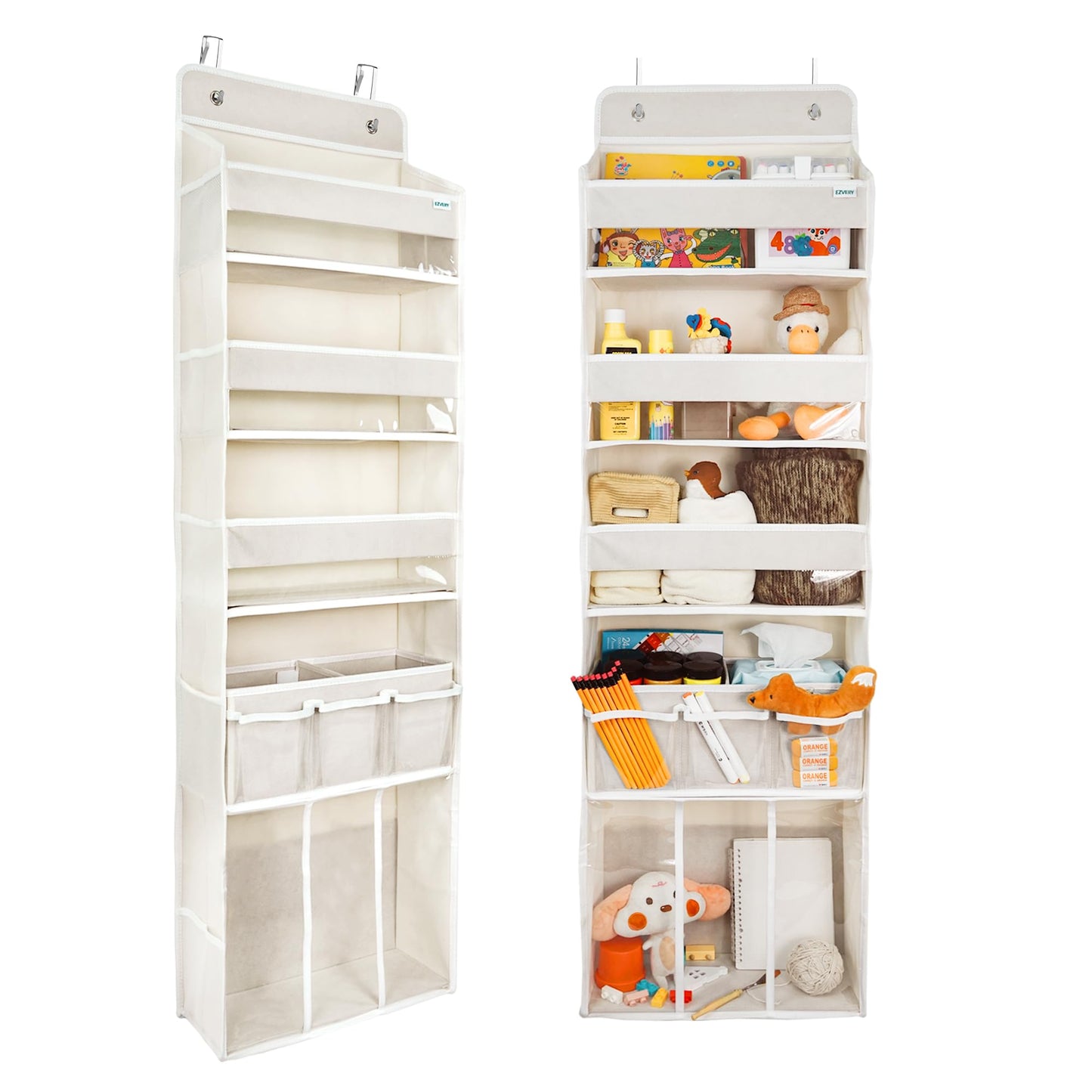 Door Hanging Storage Organizer,with 3 Bins 1 Movable Baby Diaper Caddy,1 Large capacity diaper stacking storage Organizer,10 Side Pockets,Bedroom Door Storage for Nursery Baby Essentials. (Beige)