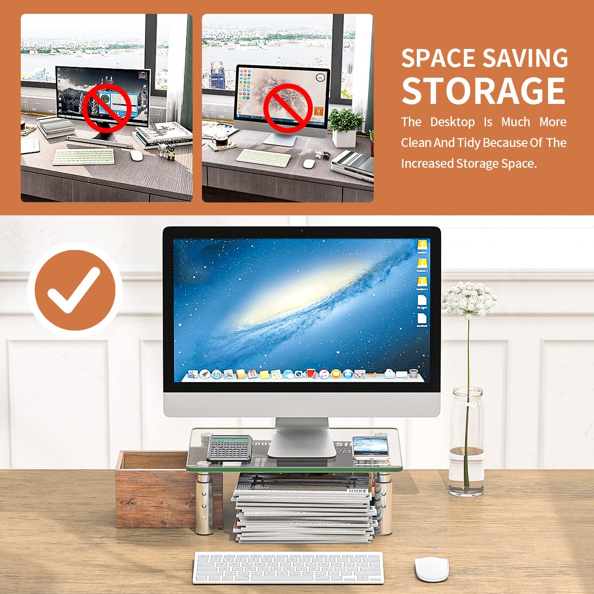 Hemudu 3-Level Adjustable Laptop Monitor Stand Riser, 11.8" x 8.1", Clear Glass & Stainless Steel, Supports Up to 44 lbs, Organizer Shelf