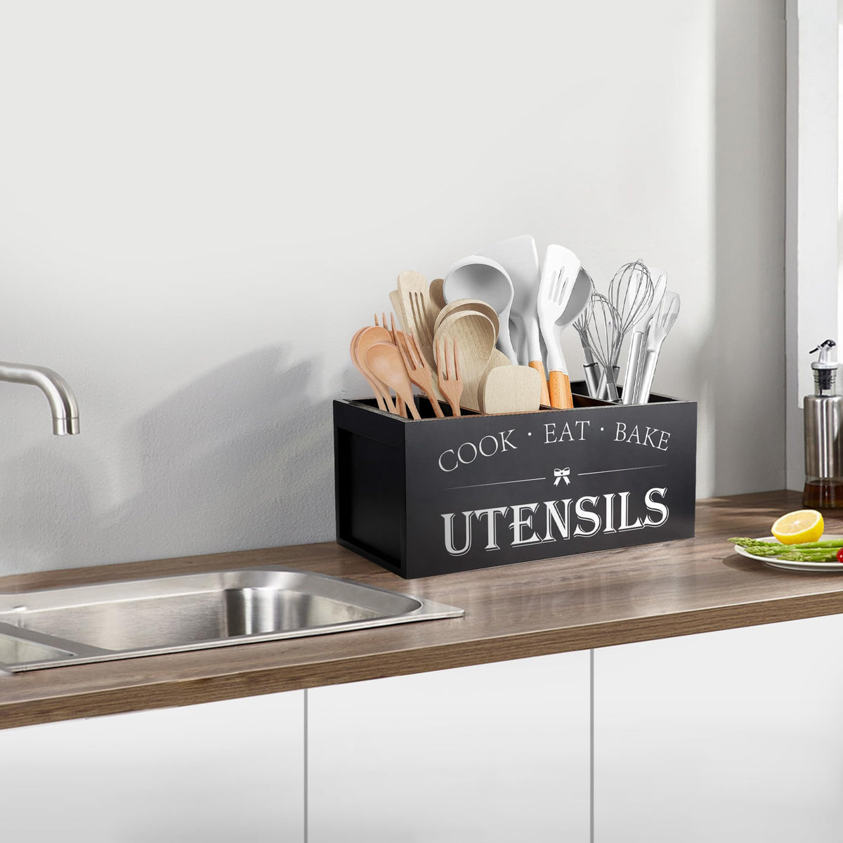Suli Upgrade Extra Large Kitchen Utensils Holder with 4 Compartments, Wooden Utensil Organizer for Kitchen Countertop, Farmhouse Kitchen Decor, Rustic Cooking Utensil - Black
