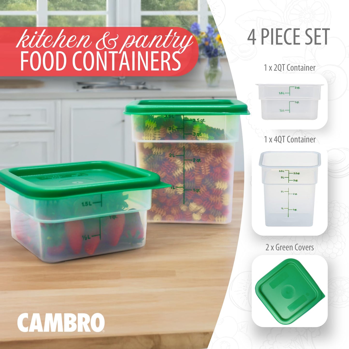 Cambro Food Storage Container with Lid (BPA-Free) - 2 Pack - Classic Series Square with Green Lid - 2 and 4 QT (Quart) - Commercial Grade for Food Prep (Translucent)