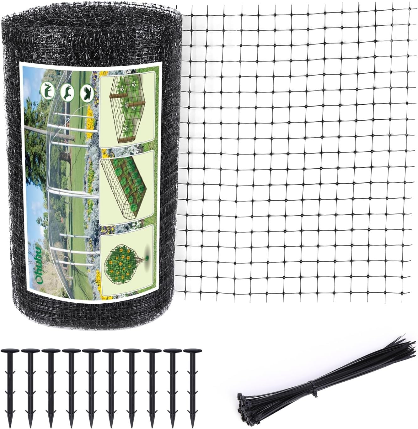 Bird Netting 6.8 x 100 FT - Ohuhu Heavy Duty Reusable Garden Netting with Cable Ties & Ground Nails, PP Material Anti-Bird Deer Fencing for Fruit Trees, Vegetables, Plants, Garden Protection