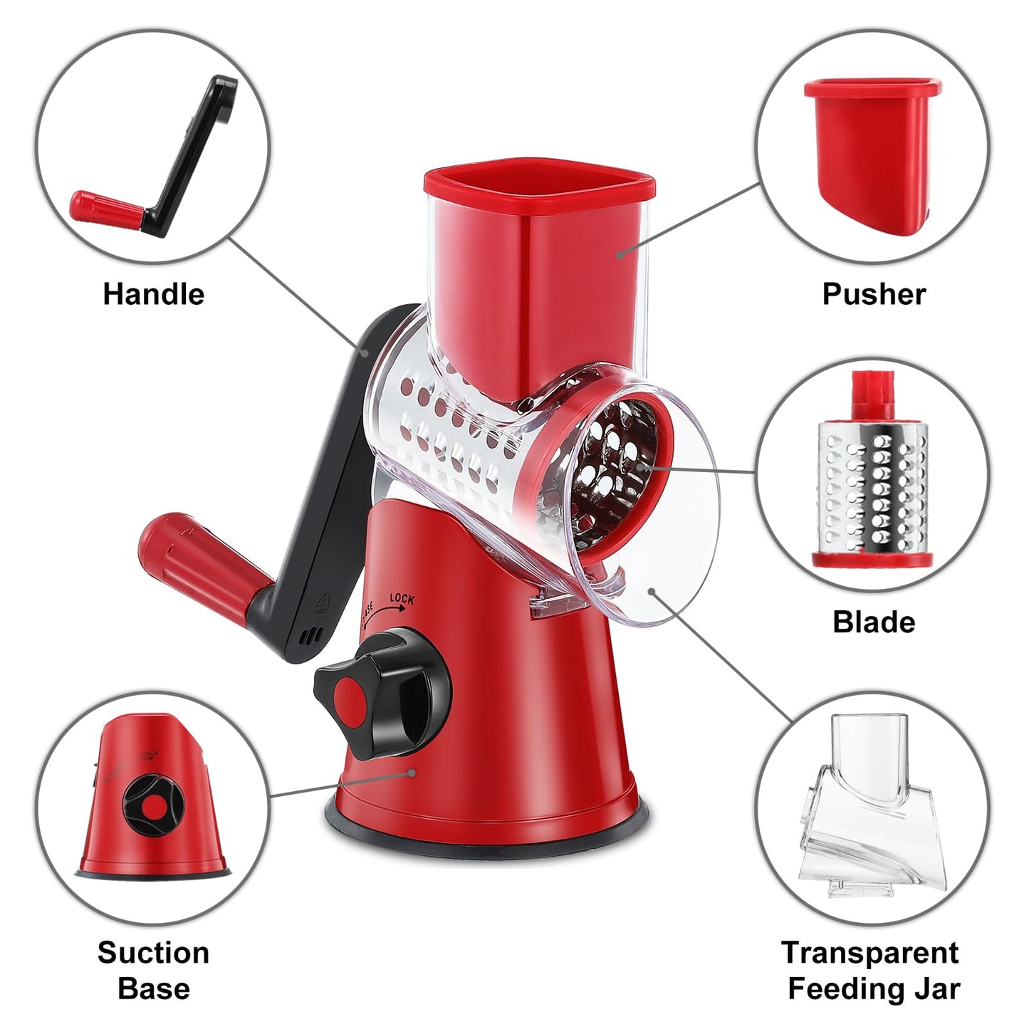 Cheese Grater Rotary, Rotary Grater for Kitchen, Kitchen Grater Vegetable Slicer with 3 Drum Blades, Fast Cutting Cheese Shredder for Vegetables and Nuts
