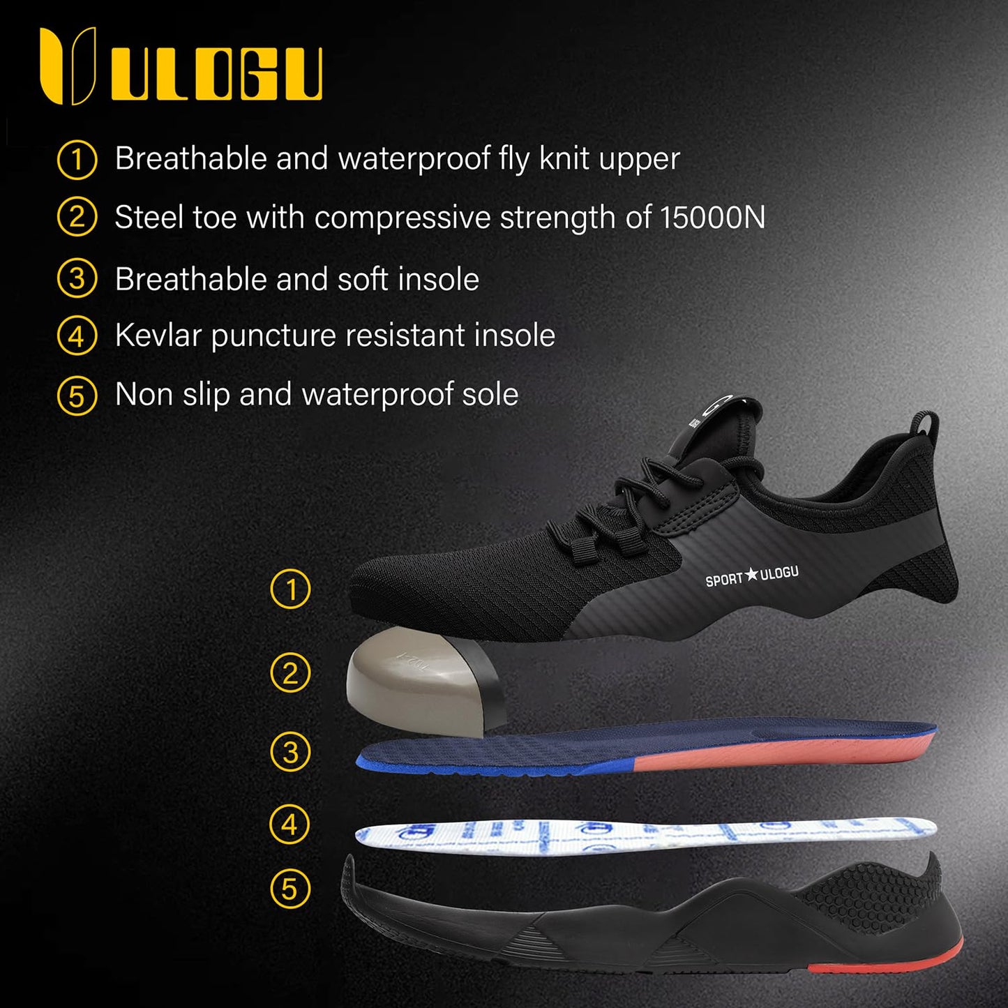 Ulogu Waterproof Steel Toe Shoes for Men Women Lightweight Safety Sneakers Comfortable Puncture Proof Indestructible Work Shoes