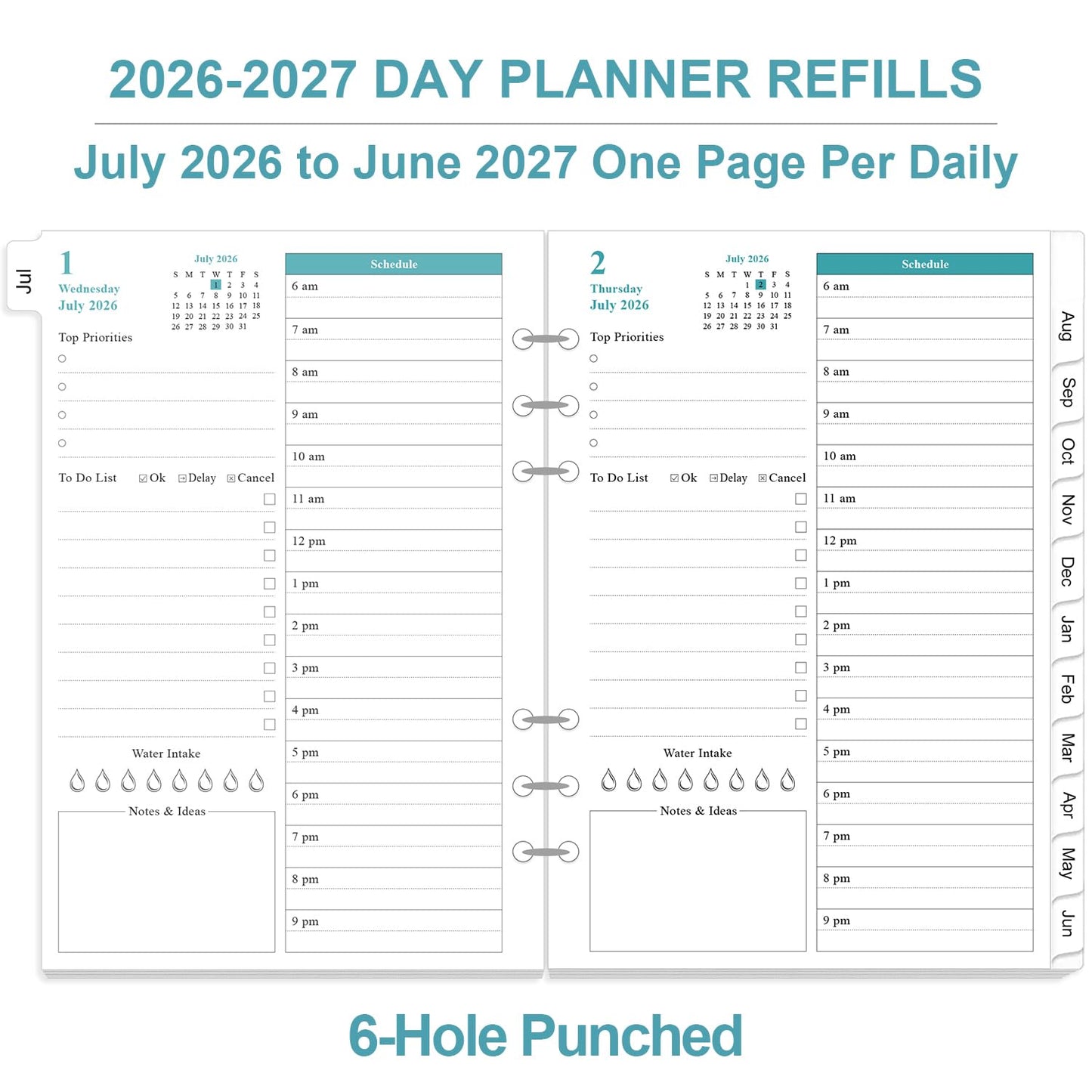 2026-2027 Planner Refills for A5 Binder - One Page a Day Daily & Monthly Planner, July 2026 - June 2027, Prioritized, To Do List, Notes, Appointment Planner, 6 Hole Punched, 5.8" x 8.3"