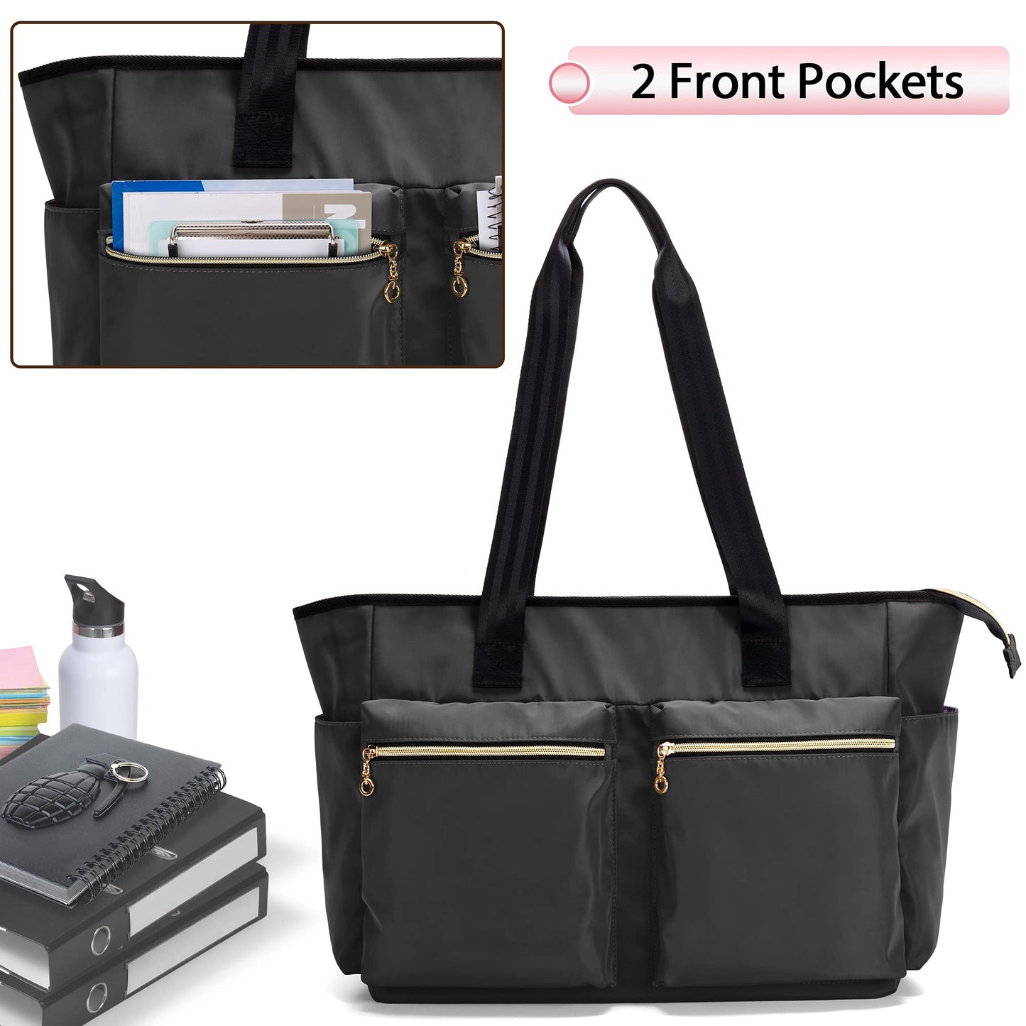 Damero Teacher Bag, Teacher Utility Tote Bag with Zip Top and Padded Sleeve for up to 15.6’’ Laptop for School, Office, Business, Black