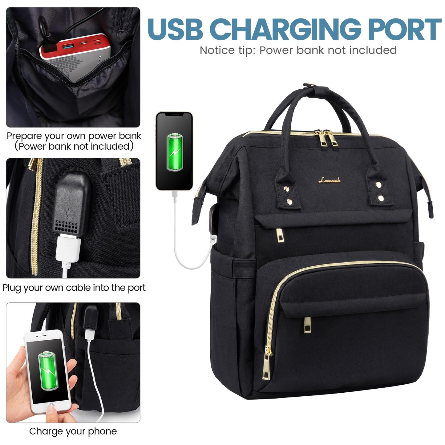 LOVEVOOK Laptop Backpack Women, 15.6 Inch Work Backpack Woman for Teacher Nurse Bags, Computer College Backpack Purse, Waterproof Anti-theft Travel Back Pack with USB Charging Port, Black